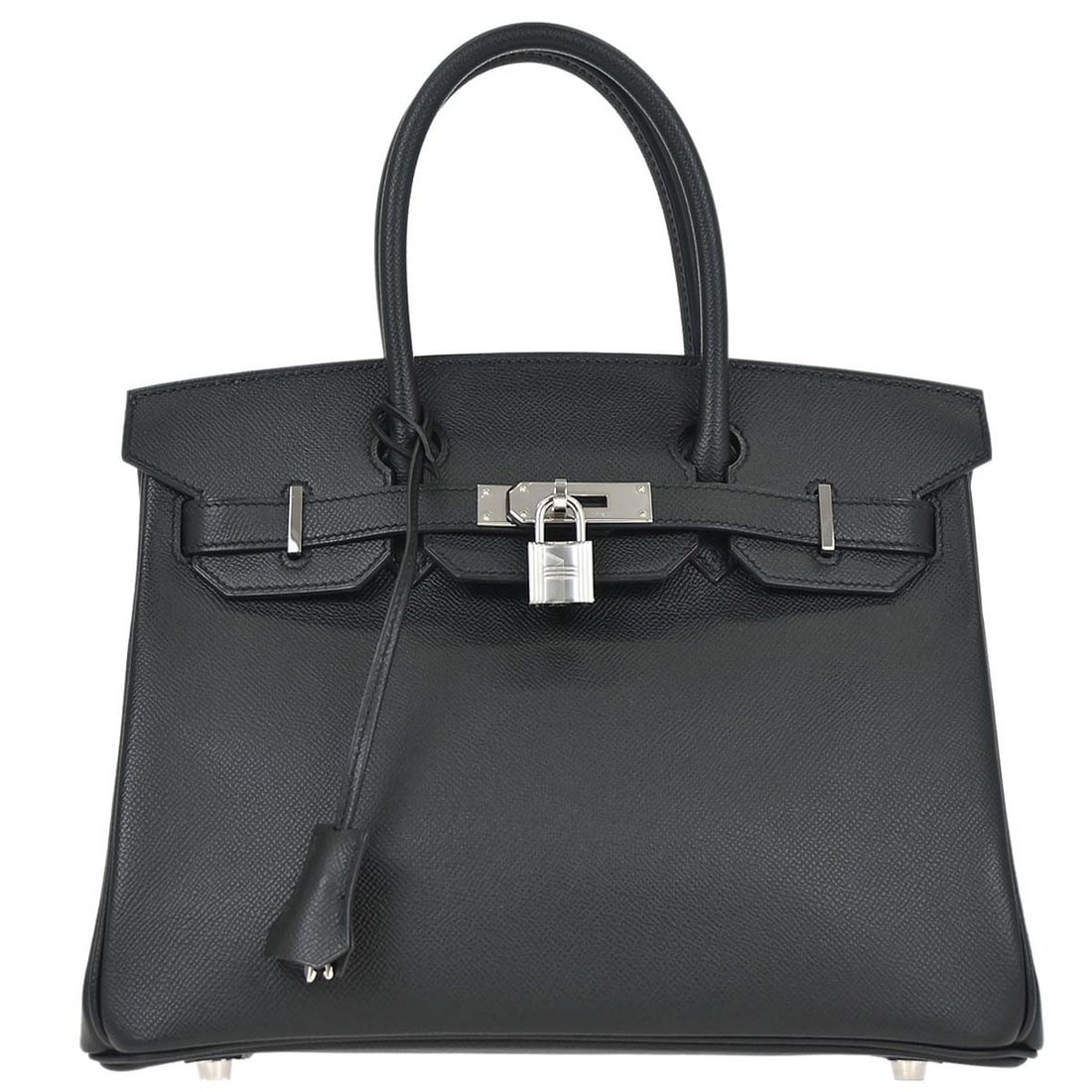 Hermes Birkin 30 Black Epsom Leather Top Handle Bag: Hermes Birkin 30 Black Epsom Leather Top Handle Bag This Hermes Birkin 30 handbag is crafted from black Epsom leather and features a medium-sized, structured silhouette with double handles. The bag is
