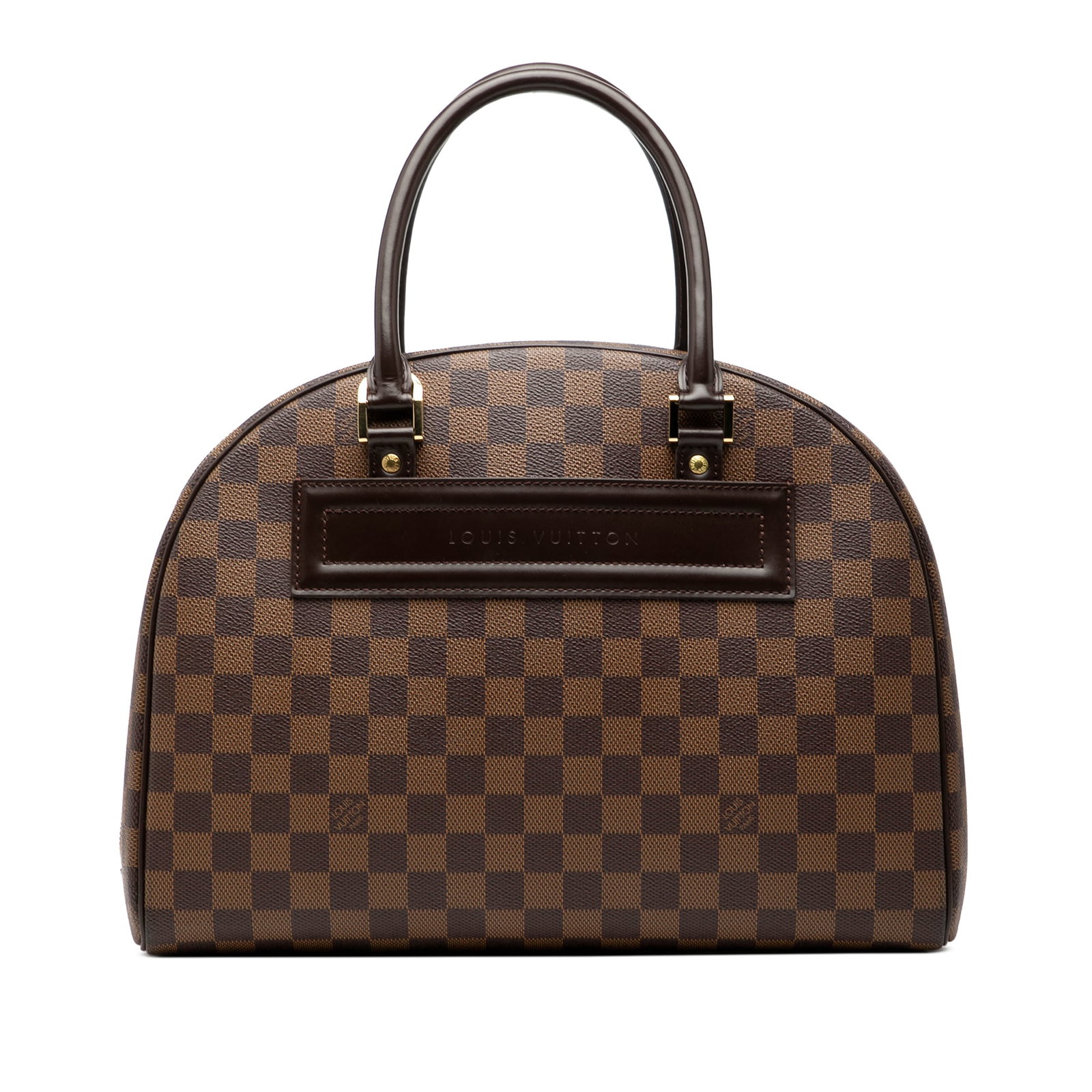 Damier Ebene Nolita Brown Handbag with Leather Handles and Zip Pockets: Damier Ebene Nolita Brown Handbag with Leather Handles and Zip Pockets The Louis Vuitton Damier Ebene Nolita features a brown Damier Ebene fabric body with leather trim, rolled leather handles, a top 