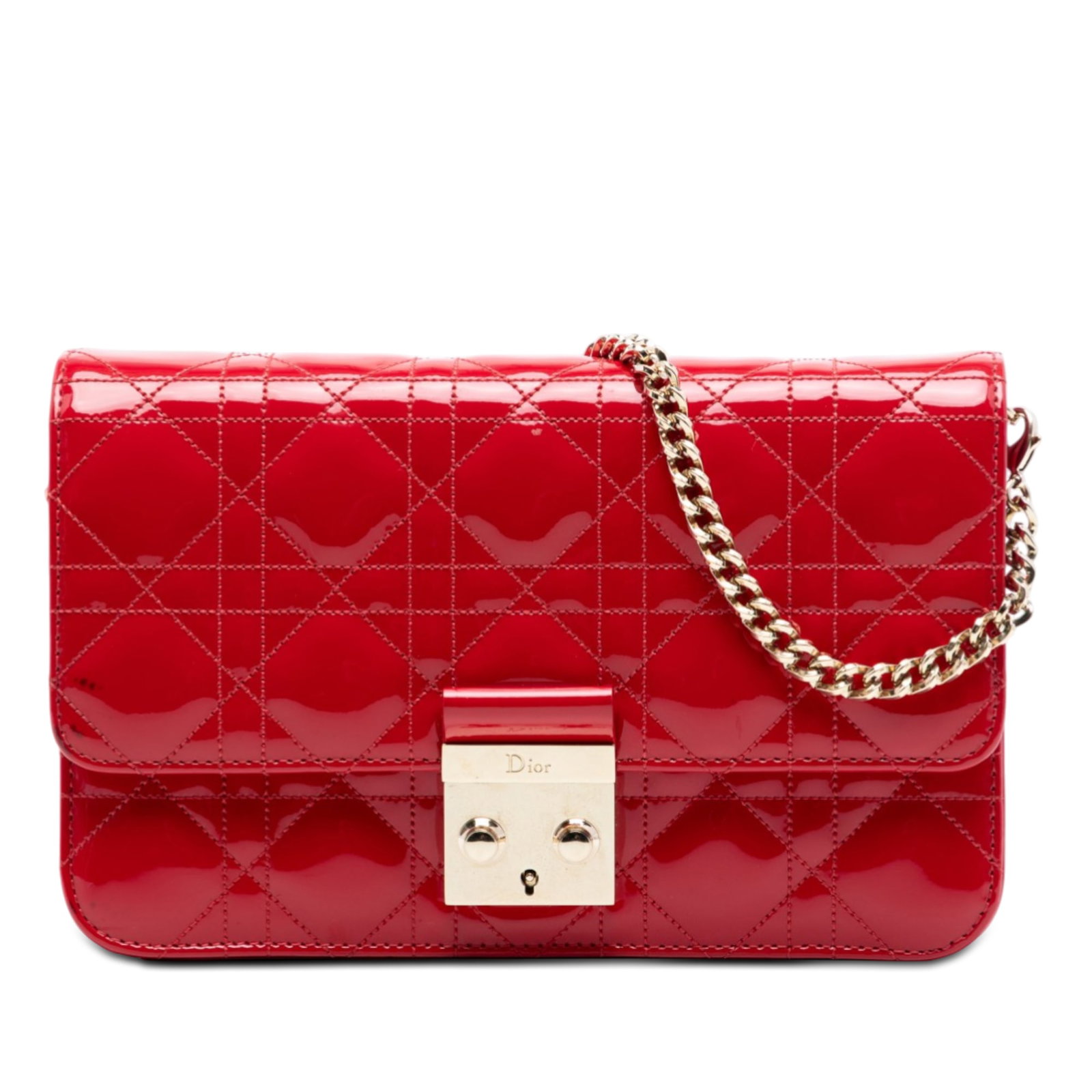 Dior Miss Dior Promenade Red Patent Leather Quilted Crossbody Bag: Dior Miss Dior Promenade Red Patent Leather Quilted Crossbody Bag The Miss Dior Promenade crossbody bag showcases a quilted patent leather exterior in red, complemented by a gold-tone curb chain link 