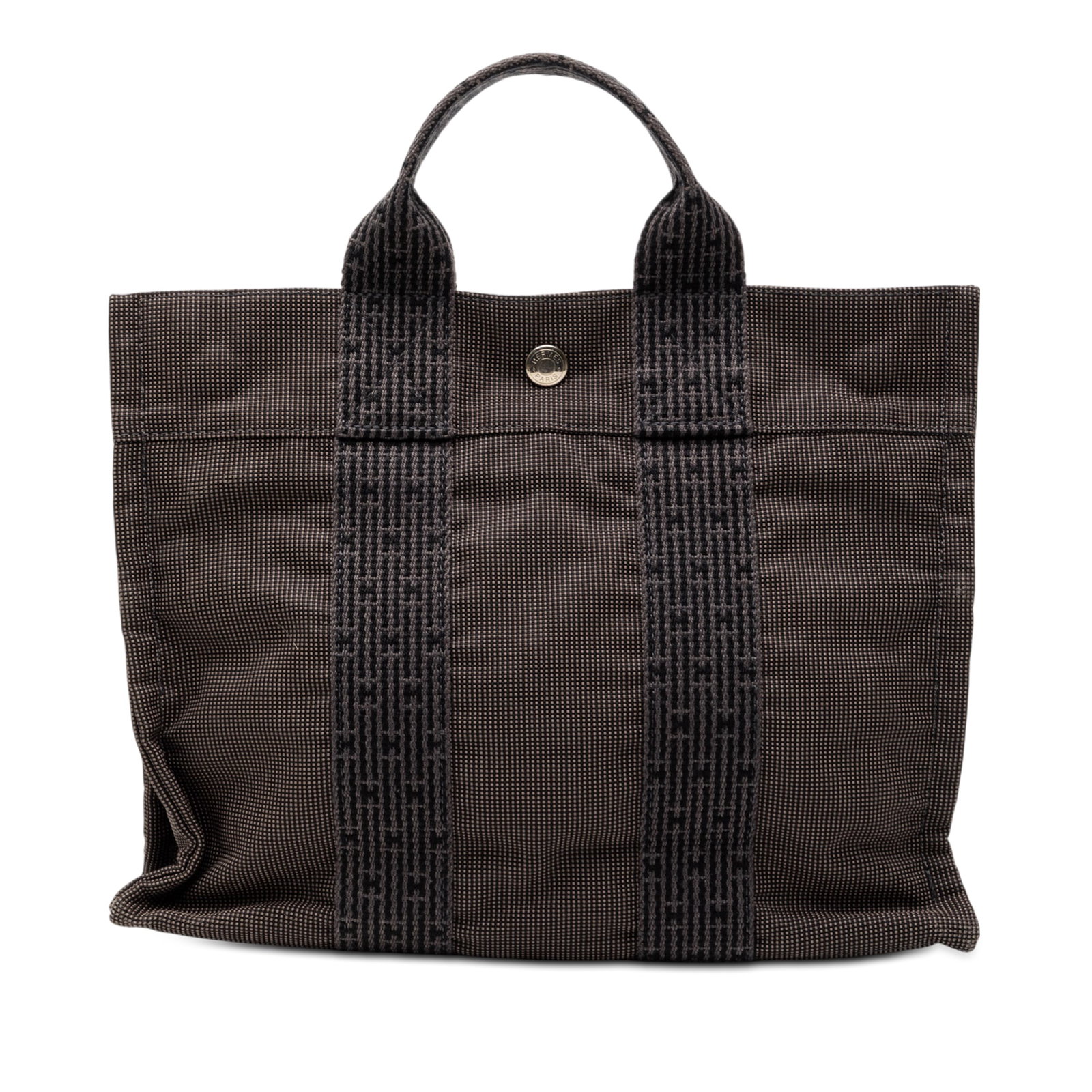 Hermes Herline PM Gray Canvas Tote Bag with Snap Closure: Hermes Herline PM Gray Canvas Tote Bag with Snap Closure The Hermes Herline PM features a canvas body with flat straps, an open top secured by a snap closure, and an interior zip compartment. The bag 