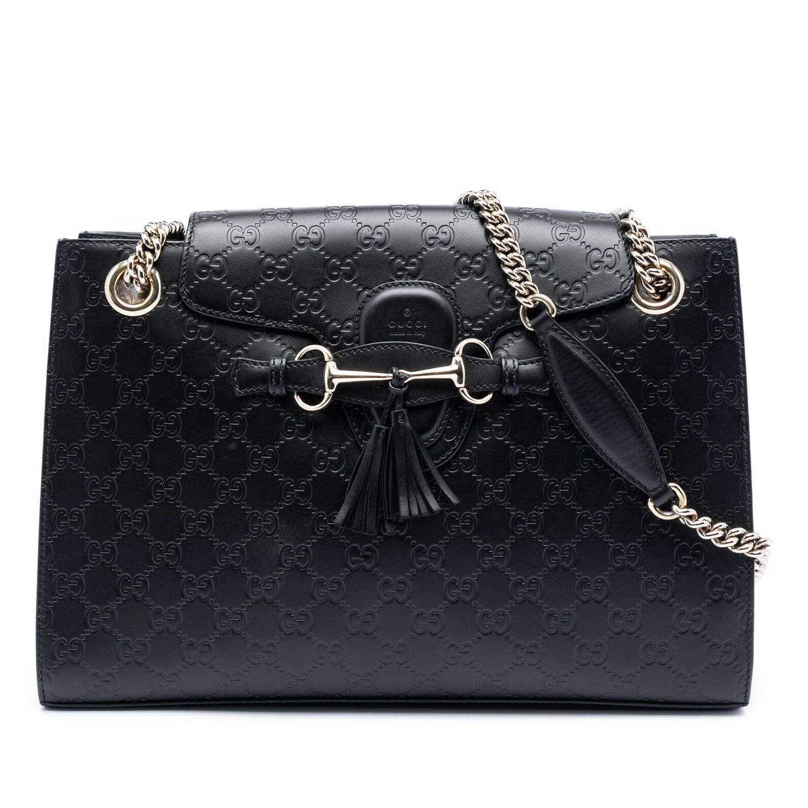 Gucci Guccissima Emily Large Black Leather Chain Shoulder Bag: Gucci Guccissima Emily Large Black Leather Chain Shoulder Bag This Gucci Large Guccissima Emily Shoulder Bag features a black leather body with a signature embossed pattern. It is designed with silver