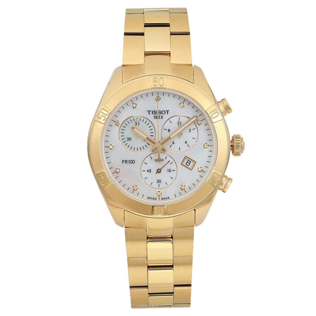 Tissot T-Classic PR100 Gold PVD Quartz Watch MOP Dial T101.917.33.116.01: Tissot T-Classic PR100 Gold PVD Quartz Watch MOP Dial T101.917.33.116.01 The Tissot T-Classic PR100 is a stylish quartz wristwatch designed for casual wear. This timepiece features a stunning white mo