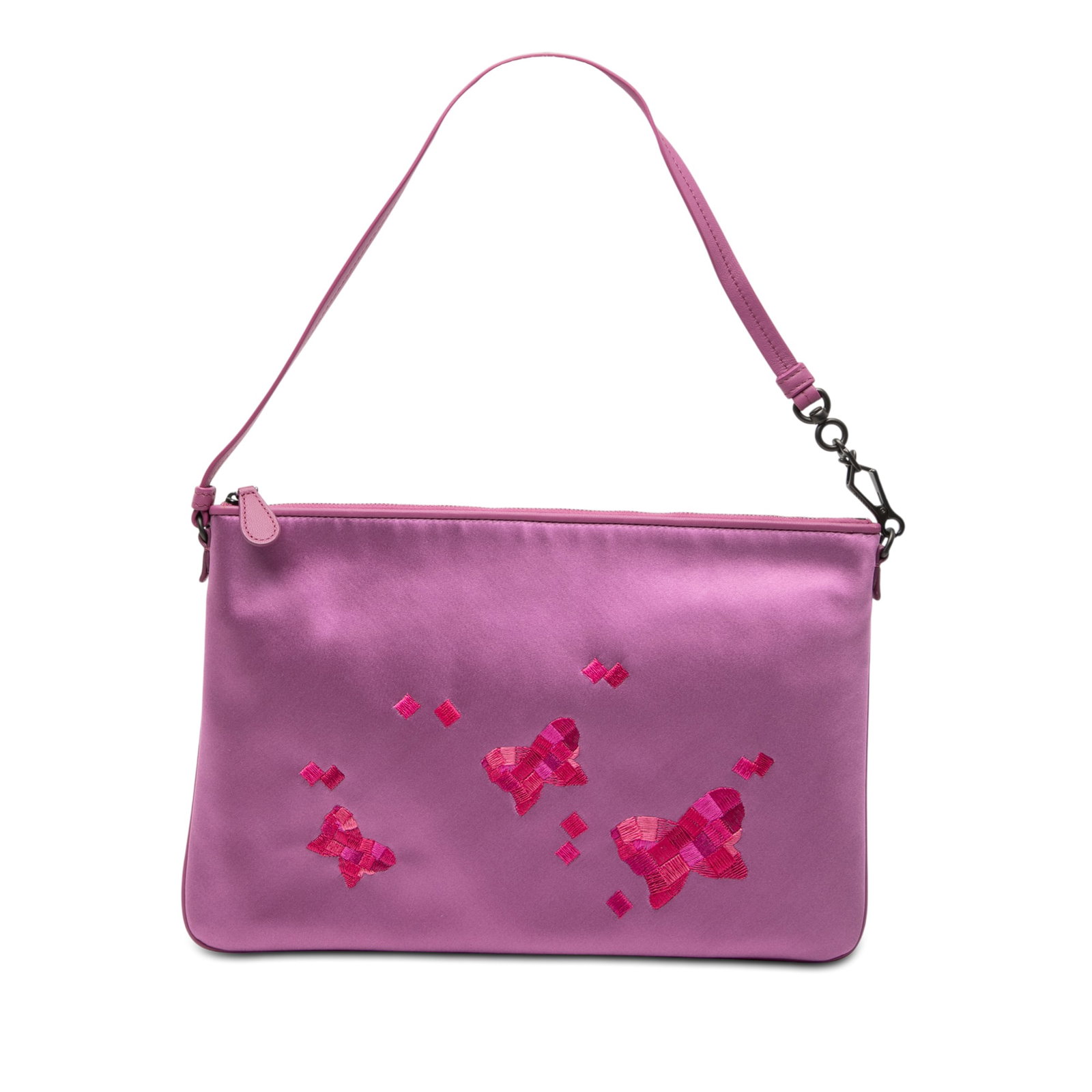 Bottega Veneta Purple Satin Shoulder Bag with Embroidered Butterfly Design: Bottega Veneta Purple Satin Shoulder Bag with Embroidered Butterfly Design This Bottega Veneta shoulder bag features a purple embroidered satin body adorned with butterfly motifs, complemented by a fl