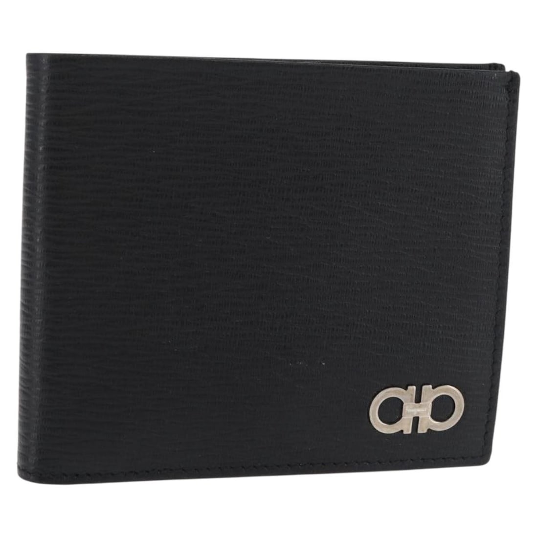 Salvatore Ferragamo Gancini Black Leather Bifold Wallet Silver Tone: Salvatore Ferragamo Gancini Black Leather Bifold Wallet Silver Tone This Salvatore Ferragamo Gancini bifold wallet is crafted from black leather with silver-tone detailing. Designed for women, it feat
