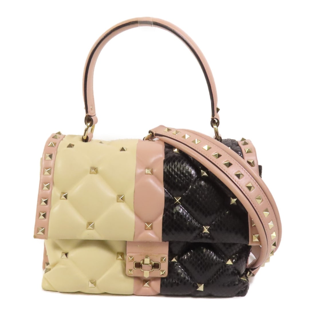 Valentino Black and Pink Calfskin Two Way Shoulder Bag with Gold Hardware: Valentino Black and Pink Calfskin Two Way Shoulder Bag with Gold Hardware This Valentino 2-way shoulder bag is crafted from calfskin leather in black with pink accents. It features gold tone hardware 
