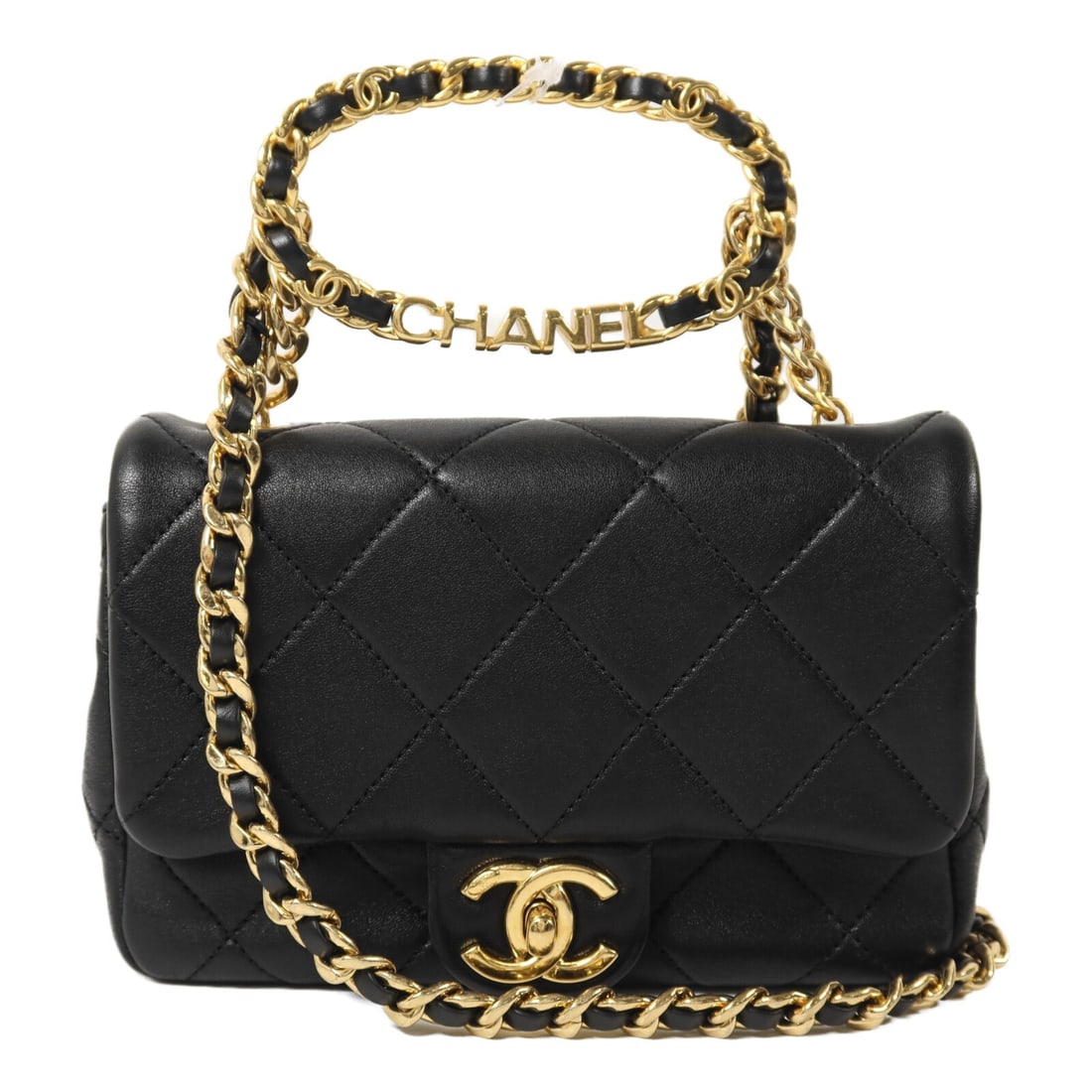 Chanel Mini Matelasse Black Calfskin Two Way Chain Shoulder Bag Gold Hardware: Chanel Mini Matelasse Black Calfskin Two Way Chain Shoulder Bag Gold Hardware This CHANEL Mini Matelasse 2 Way Chain Shoulder Bag features black calfskin leather with signature CC detailing and gold-t