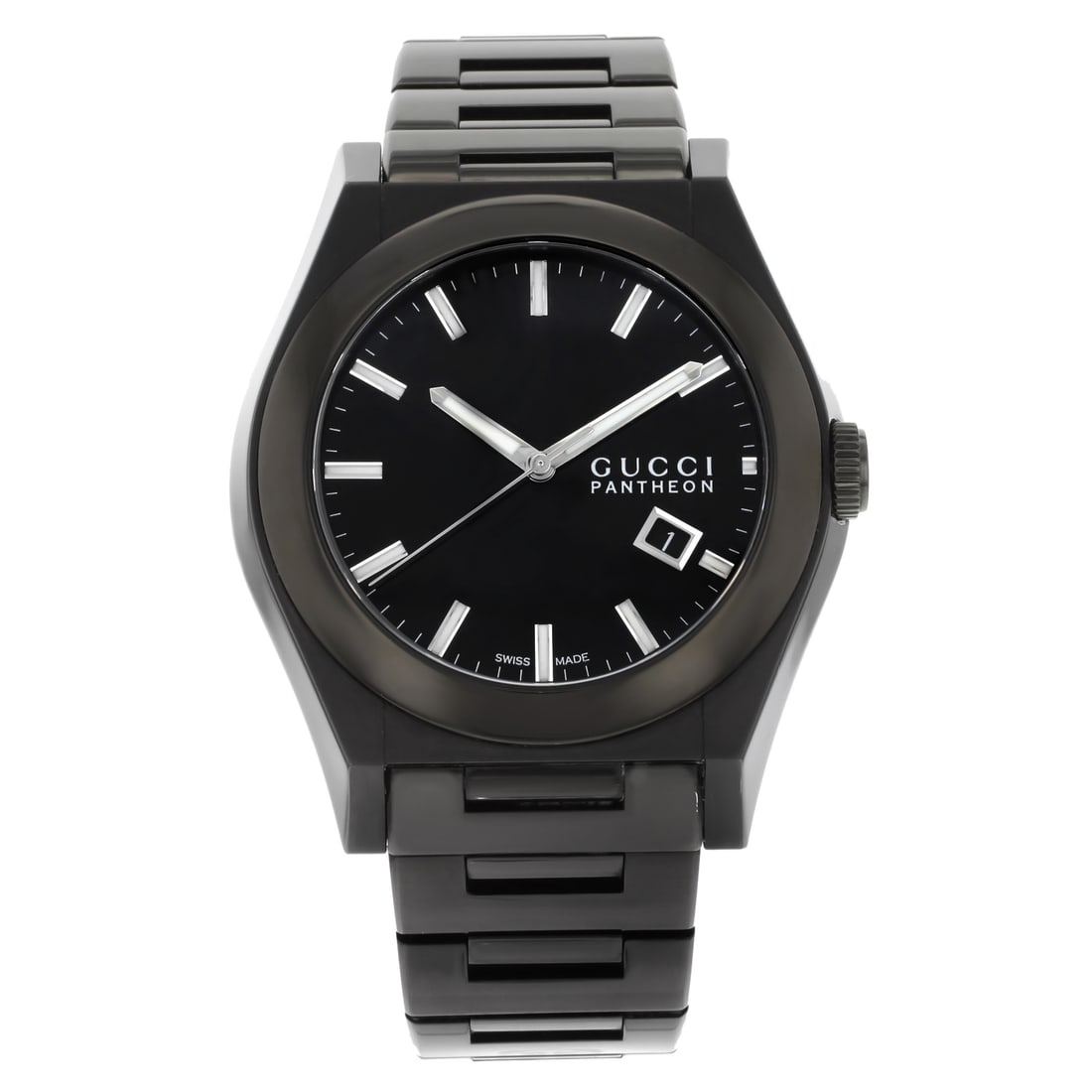 Gucci Pantheon 115 Black Ion Plated Steel Quartz Watch YA115244: Gucci Pantheon 115 Black Ion Plated Steel Quartz Watch YA115244 Discover the Gucci Pantheon 115, a sophisticated men's wristwatch that effortlessly blends style with functionality. This elegant timepi