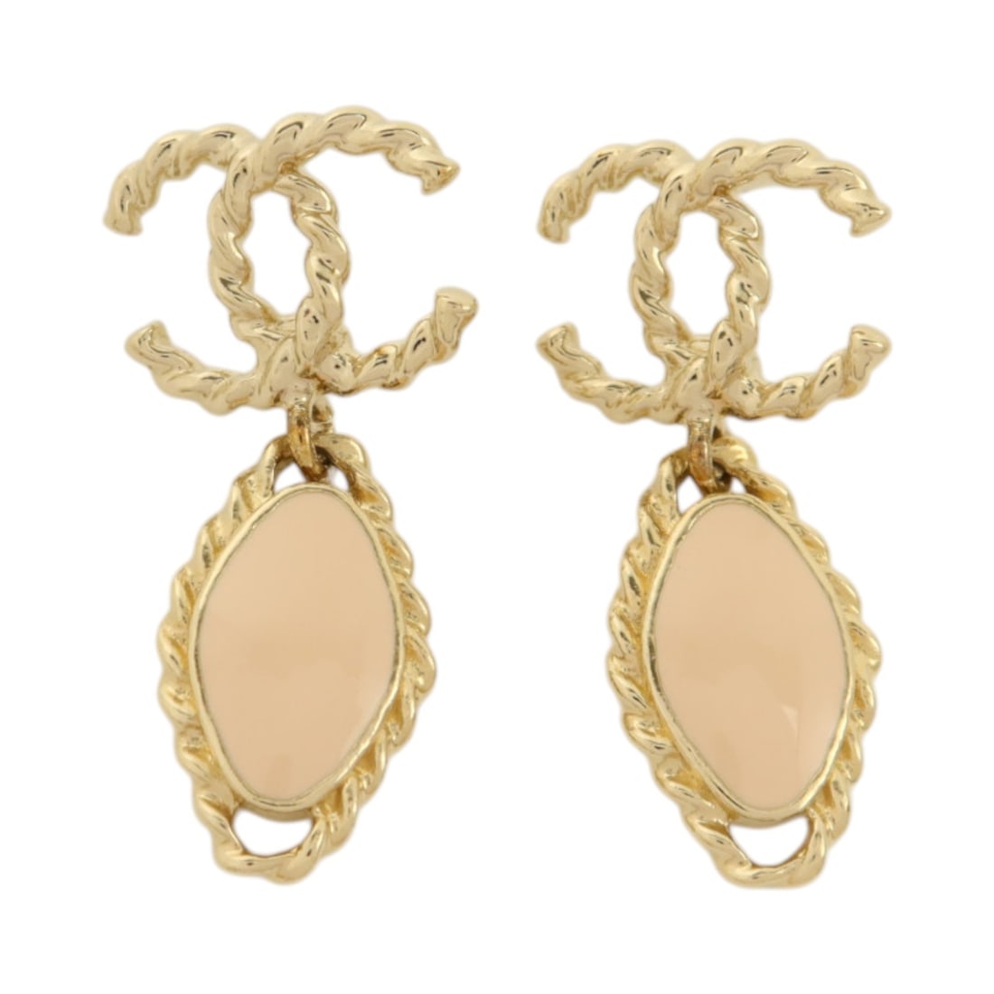 Chanel Pink and Gold CC Logo Pierced Earrings for Women: Chanel Pink and Gold CC Logo Pierced Earrings for Women These CHANEL CC earrings feature a distinctive gold and pink color combination with a PVC and metal construction. Designed for pierced ears, the