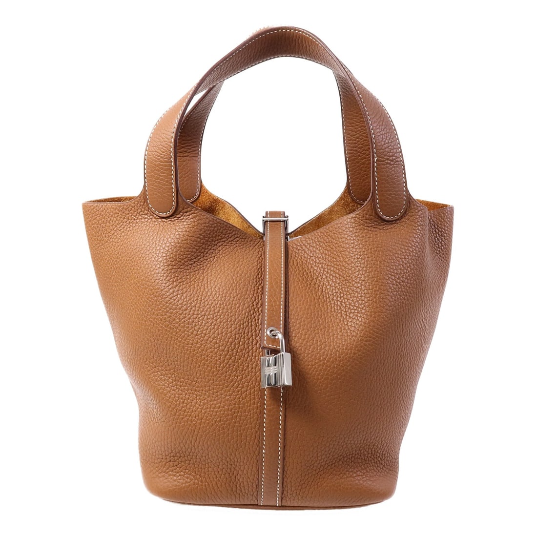 Hermes Picotin MM Brown Clemence Leather Bucket Tote: Hermes Picotin MM Brown Clemence Leather Bucket Tote This Hermes Picotin MM is a stylish bucket tote bag crafted from Clemence calfskin leather in a rich brown color. Designed for women, it features a
