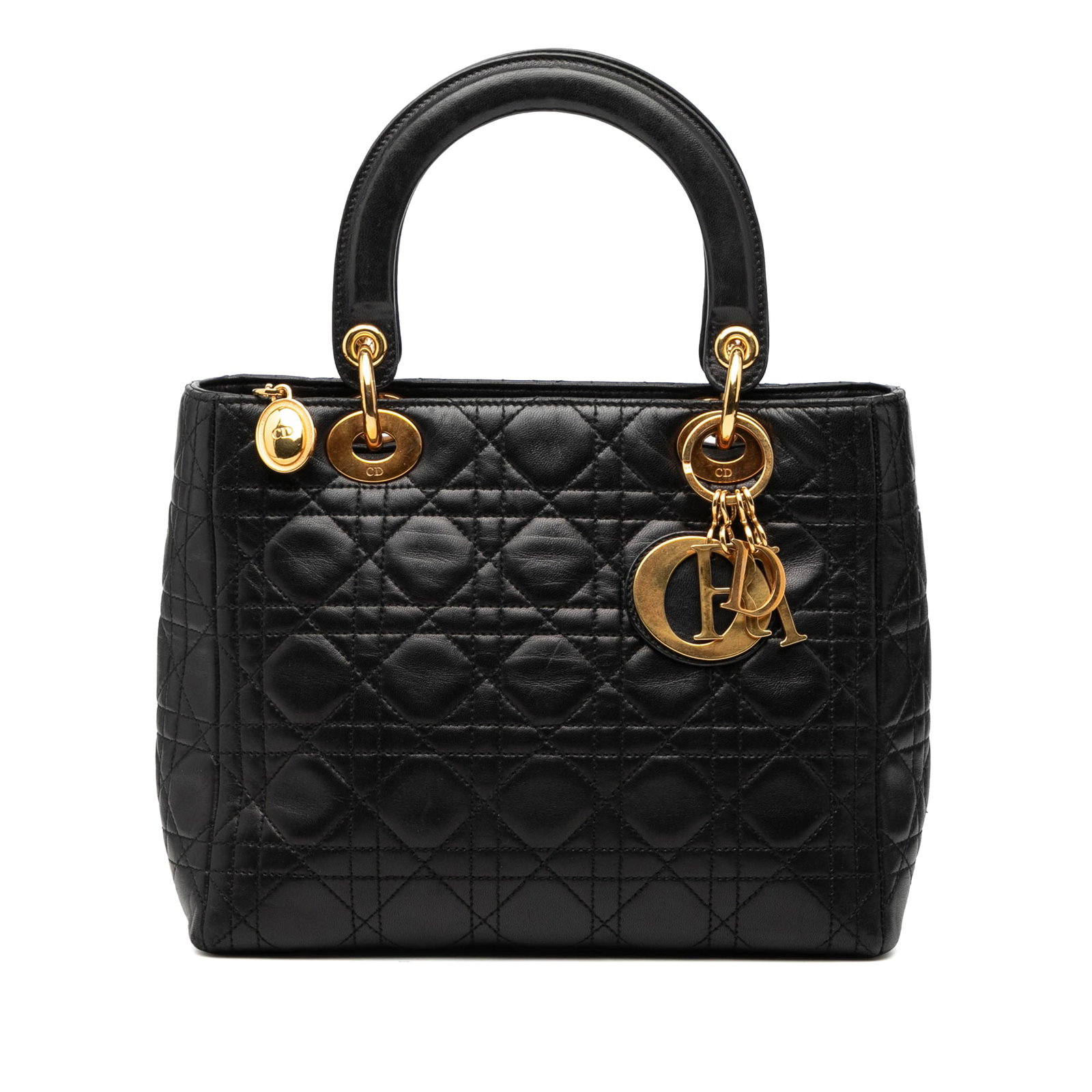 Dior Lady Dior Medium Black Cannage Quilted Lambskin Handbag: Dior Lady Dior Medium Black Cannage Quilted Lambskin Handbag This Lady Dior handbag features a quilted lambskin leather body in black, flat leather top handles, a top zip closure, and an interior zip 