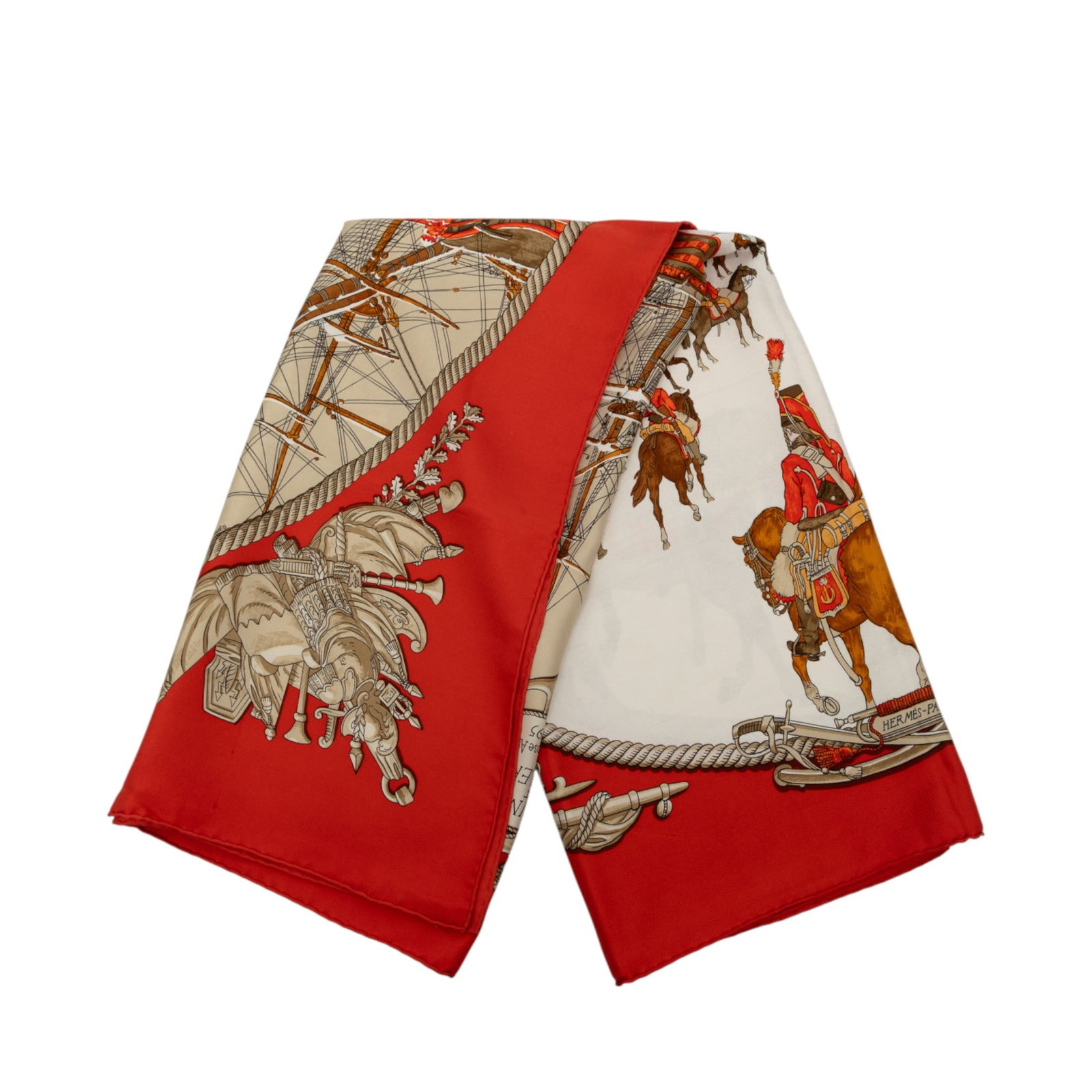 Red Marine et Cavalerie 100 Percent Silk Square Scarf by Hermes: Red Marine et Cavalerie 100 Percent Silk Square Scarf by Hermes This Hermes Marine et Cavalerie scarf showcases the iconic Marine et Cavalerie print on 100% silk in a striking red color. Made in Franc