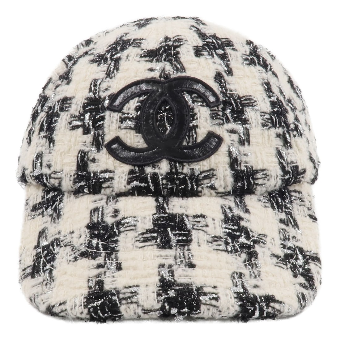 CHANEL White Wool Tweed CC Cap Hat: CHANEL White Wool Tweed CC Cap Hat This CHANEL cap features a classic white and black tweed design crafted from a luxurious blend of wool, polyamide, polyester, silk, and lambskin. Designed for a unis