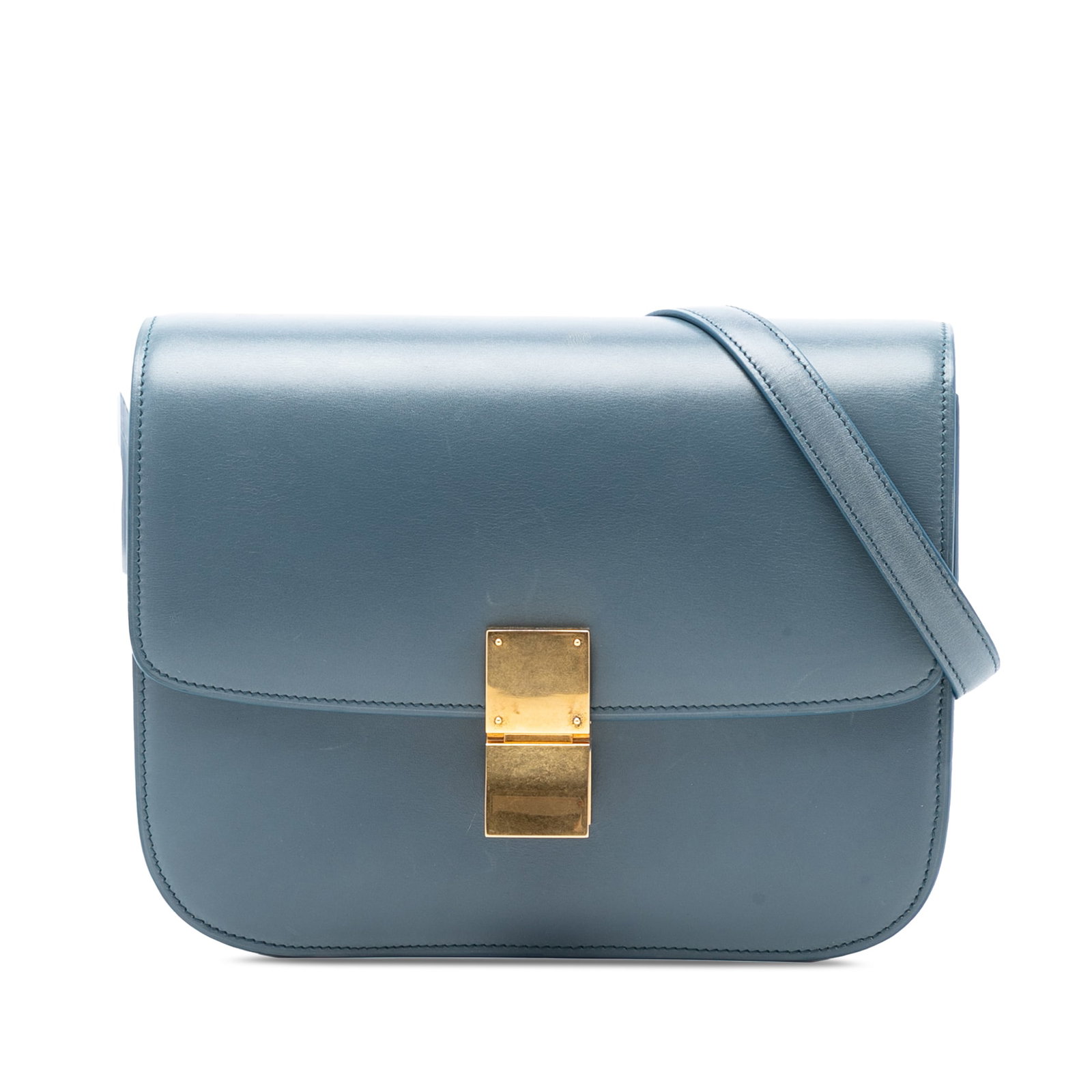 Celine Classic Box Medium Blue Leather Crossbody Bag: Celine Classic Box Medium Blue Leather Crossbody Bag This Celine Medium Calfskin Classic Box crossbody bag features a blue leather body with a sleek front flap and a push lock closure. It is designed 