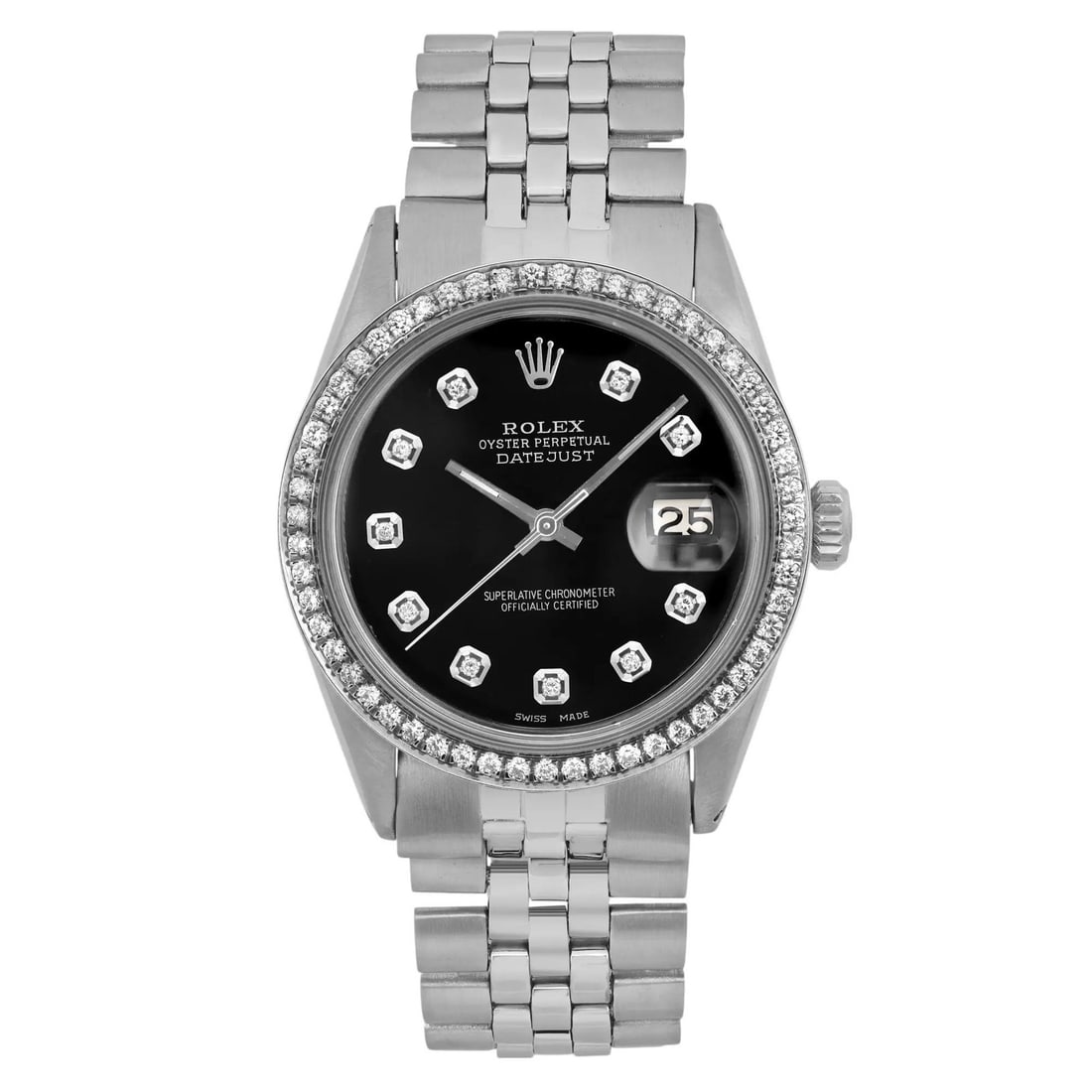 Rolex Datejust 36mm Vintage Automatic Black Dial Diamond Bezel Men's Watch: Rolex Datejust 36mm Vintage Automatic Black Dial Diamond Bezel Men's Watch This vintage Rolex Datejust wristwatch features a 36 mm polished stainless steel case and a striking black dial adorned with 
