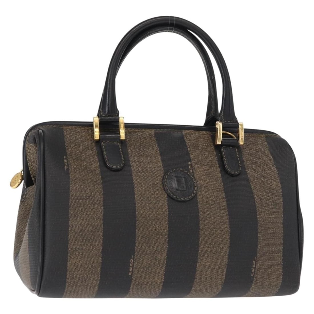 FENDI Pecan Canvas Boston Bag Black Brown Gold Auth 156014 (1 of 18)