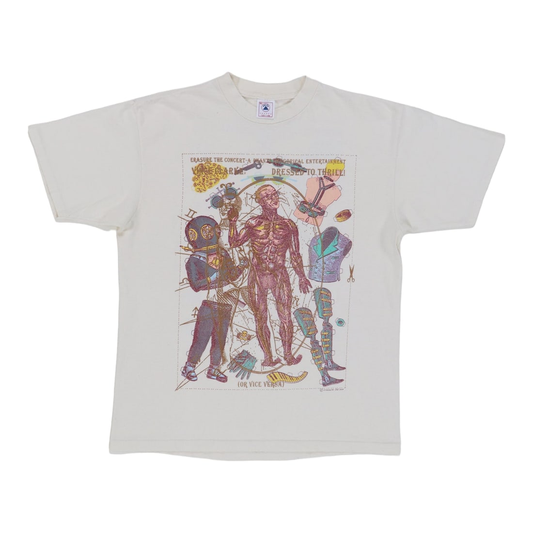 Vintage 1993 Erasure Dressed To Thrill Tour Extra Large Tan Shirt: Vintage 1993 Erasure Dressed To Thrill Tour Extra Large Tan Shirt This is an original vintage 1993 Erasure Dressed To Thrill shirt, featuring both front and back graphics. Made from 100% cotton in a t