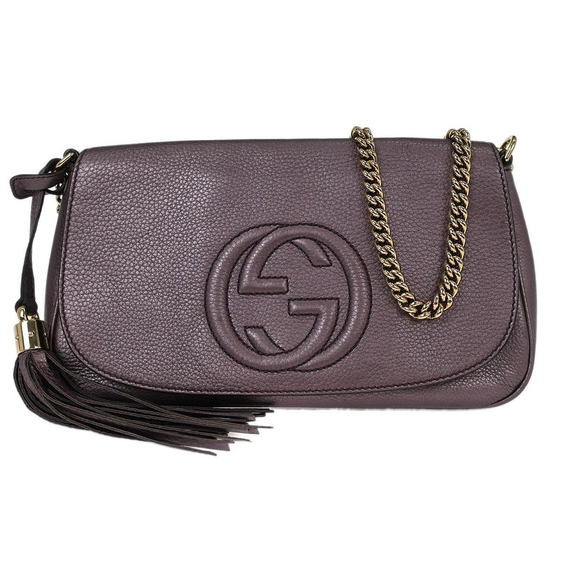 Gucci Soho Purple Leather Chain Crossbody Shoulder Bag: Gucci Soho Purple Leather Chain Crossbody Shoulder Bag This Gucci Soho Chain Crossbody Bag is crafted from purple leather and designed for women. The bag features a chain shoulder strap and offers a s
