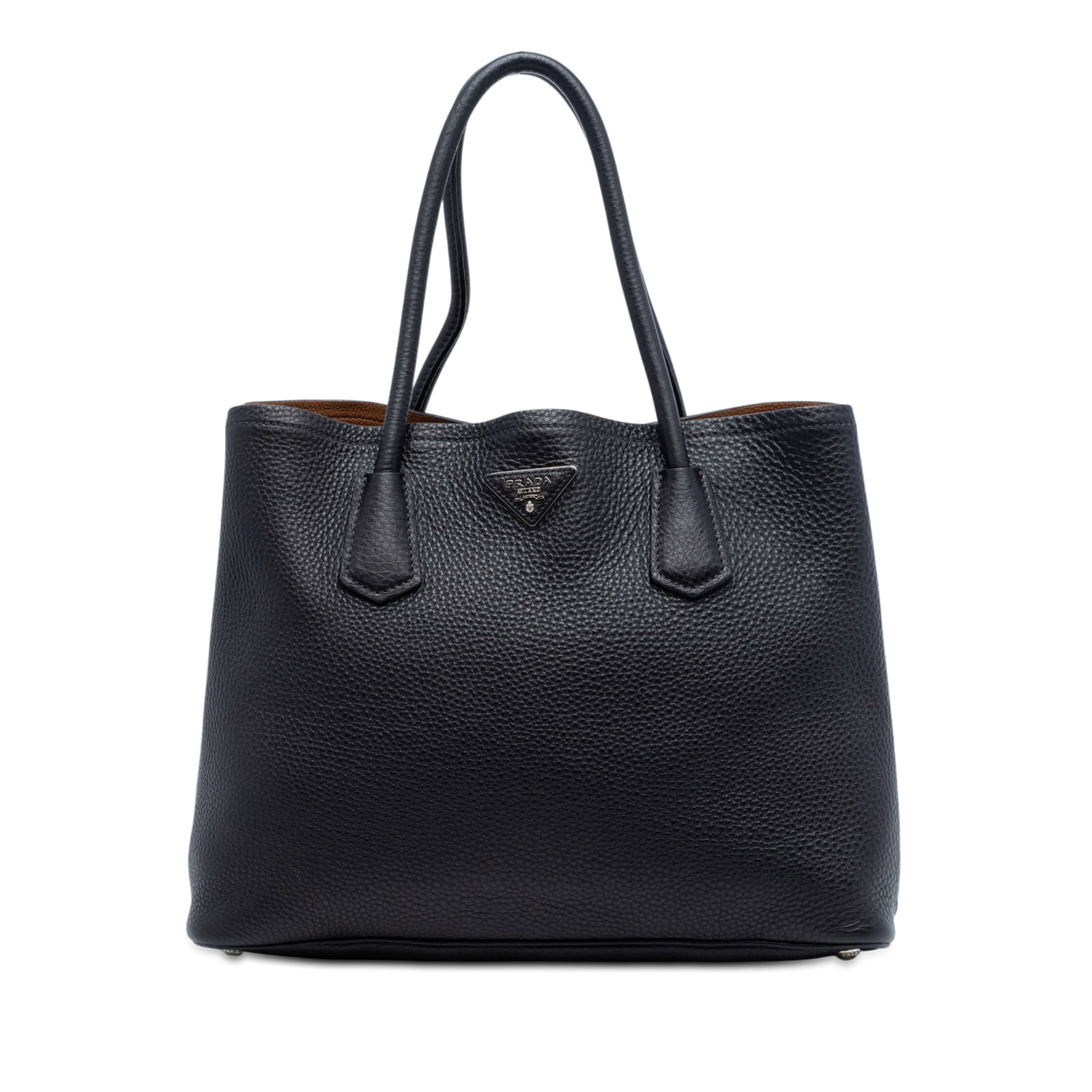 Prada Black Leather Medium Double Handle Satchel Bag: Prada Black Leather Medium Double Handle Satchel Bag This Prada Medium Vitello Daino Cuir Double Handle Satchel features a black leather body with rolled leather handles, an open top with magnetic sna