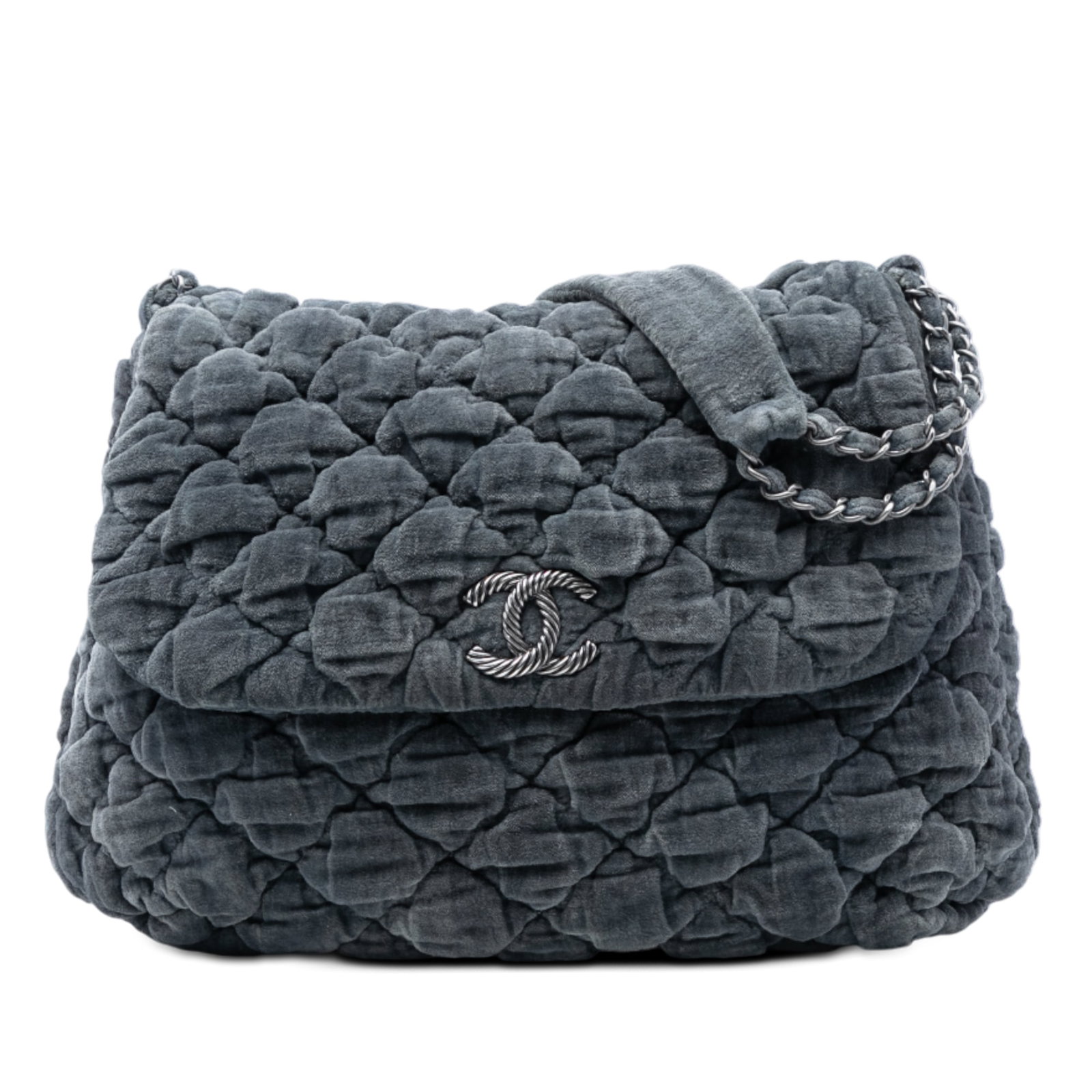 Chanel Paris Moscou Gray Velvet Bubble Quilted Shoulder Flap Bag: Chanel Paris Moscou Gray Velvet Bubble Quilted Shoulder Flap Bag The Chanel Paris Moscou Bubble Quilted Velvet Flap is a gray shoulder bag crafted from quilted velvet and features a velvet-woven chain