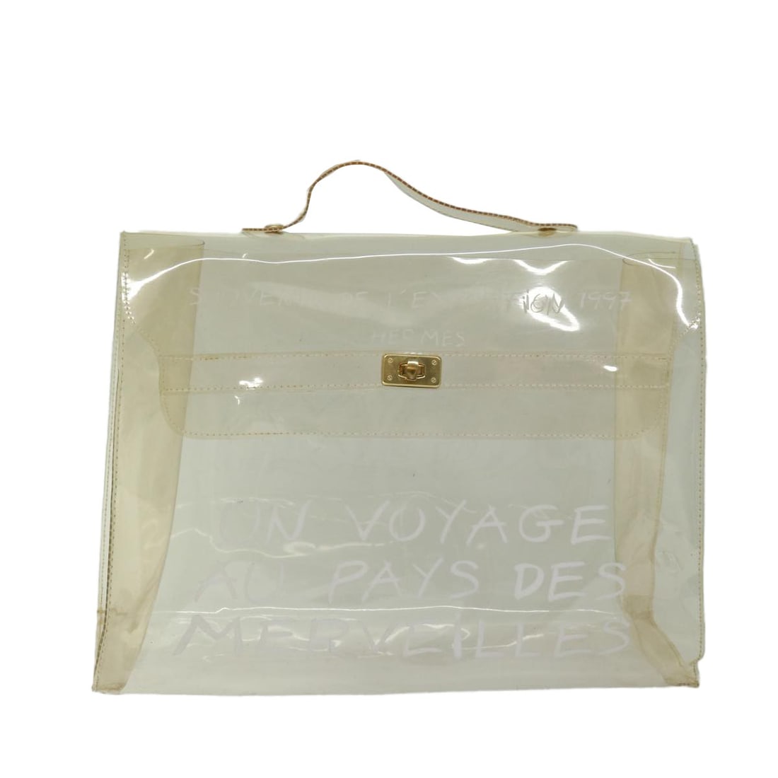 Clear Plastic Kelly Souvenir Handbag by Hermes France: Clear Plastic Kelly Souvenir Handbag by Hermes France This Hermes Kelly Souvenir Bag is crafted from clear plastic and features a classic design tailored for women. The bag shows signs of wear, includ