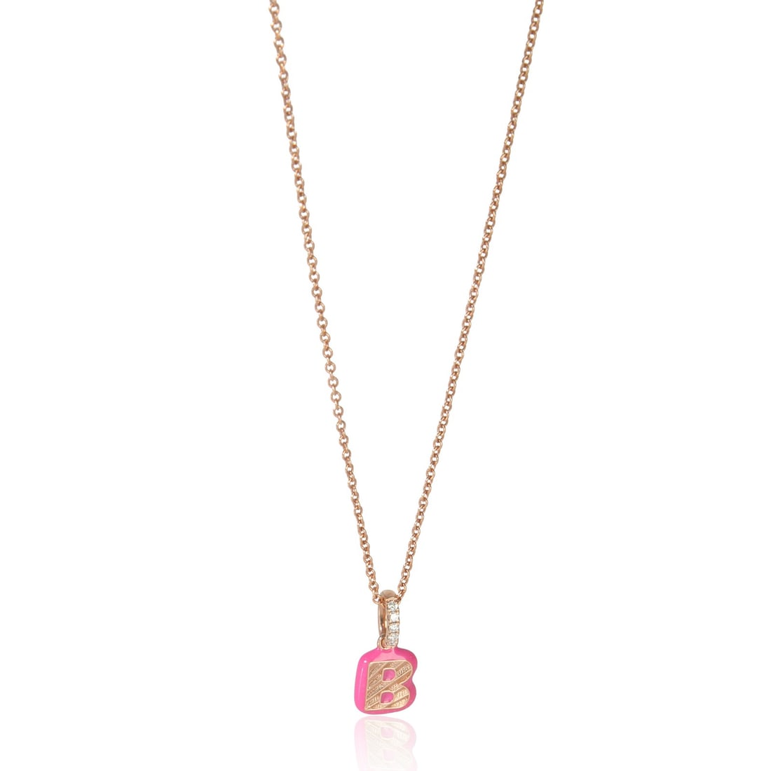 Mini Initial B Pendant in 14K Rose Gold with Diamonds and Hot Pink Enamel: Mini Initial B Pendant in 14K Rose Gold with Diamonds and Hot Pink Enamel This pre-owned mini initial B pendant features a hot pink enamel design accented with round brilliant white diamonds. Crafted 