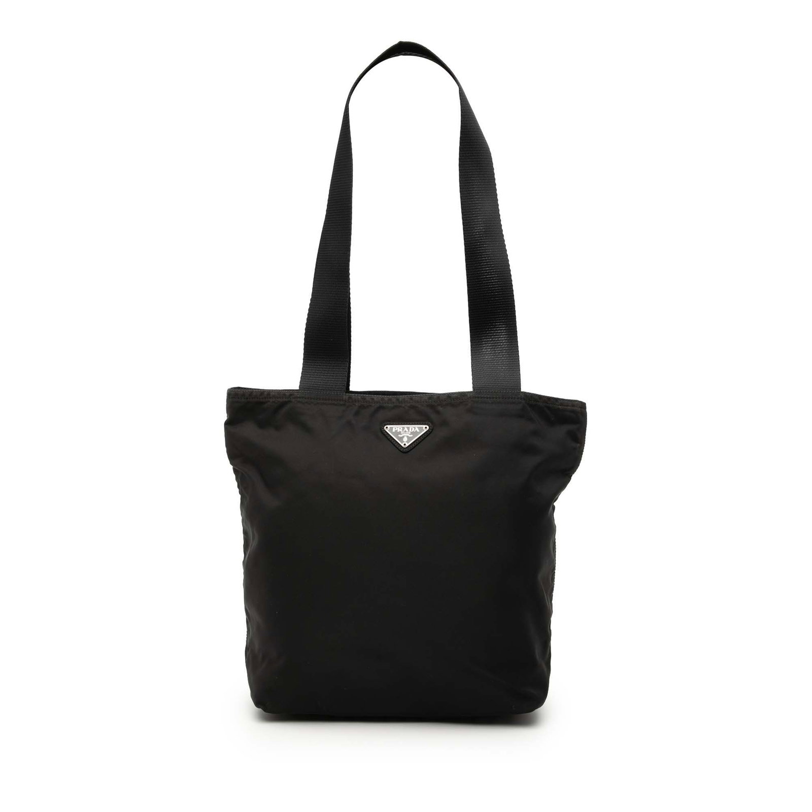 Black Nylon Tessuto Tote Bag by Prada with Canvas Straps: Black Nylon Tessuto Tote Bag by Prada with Canvas Straps This Prada Tessuto Tote features a black nylon body with flat canvas straps, a top zip closure, an exterior back zip pocket, and an interior zi