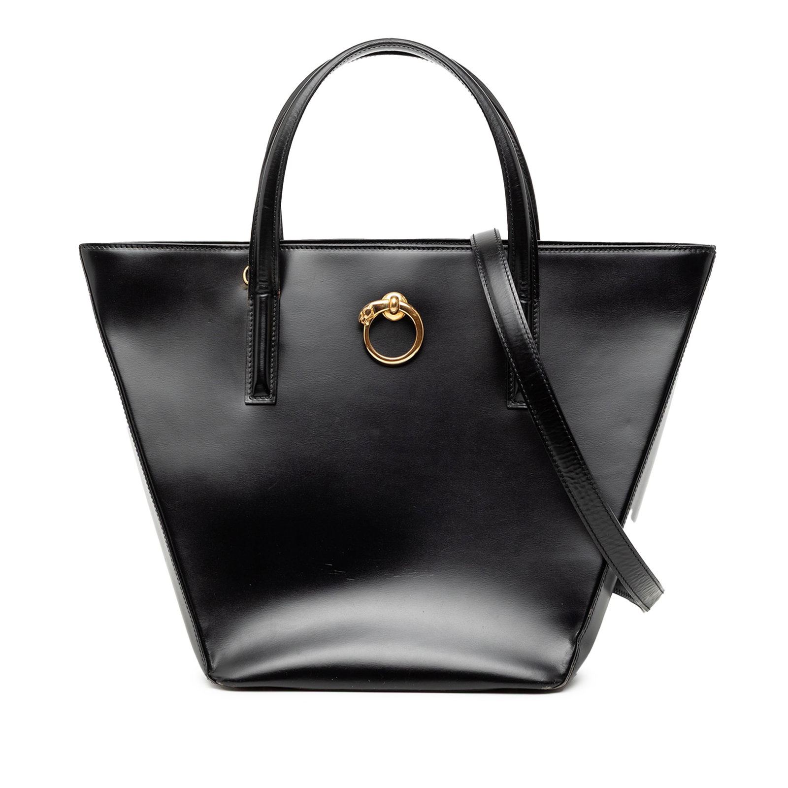 Cartier Panthere Black Leather Satchel with Shoulder Strap: Cartier Panthere Black Leather Satchel with Shoulder Strap This Cartier Leather Panthere Tote features a black leather body with flat leather handles, a flat leather shoulder strap, a detachable strap