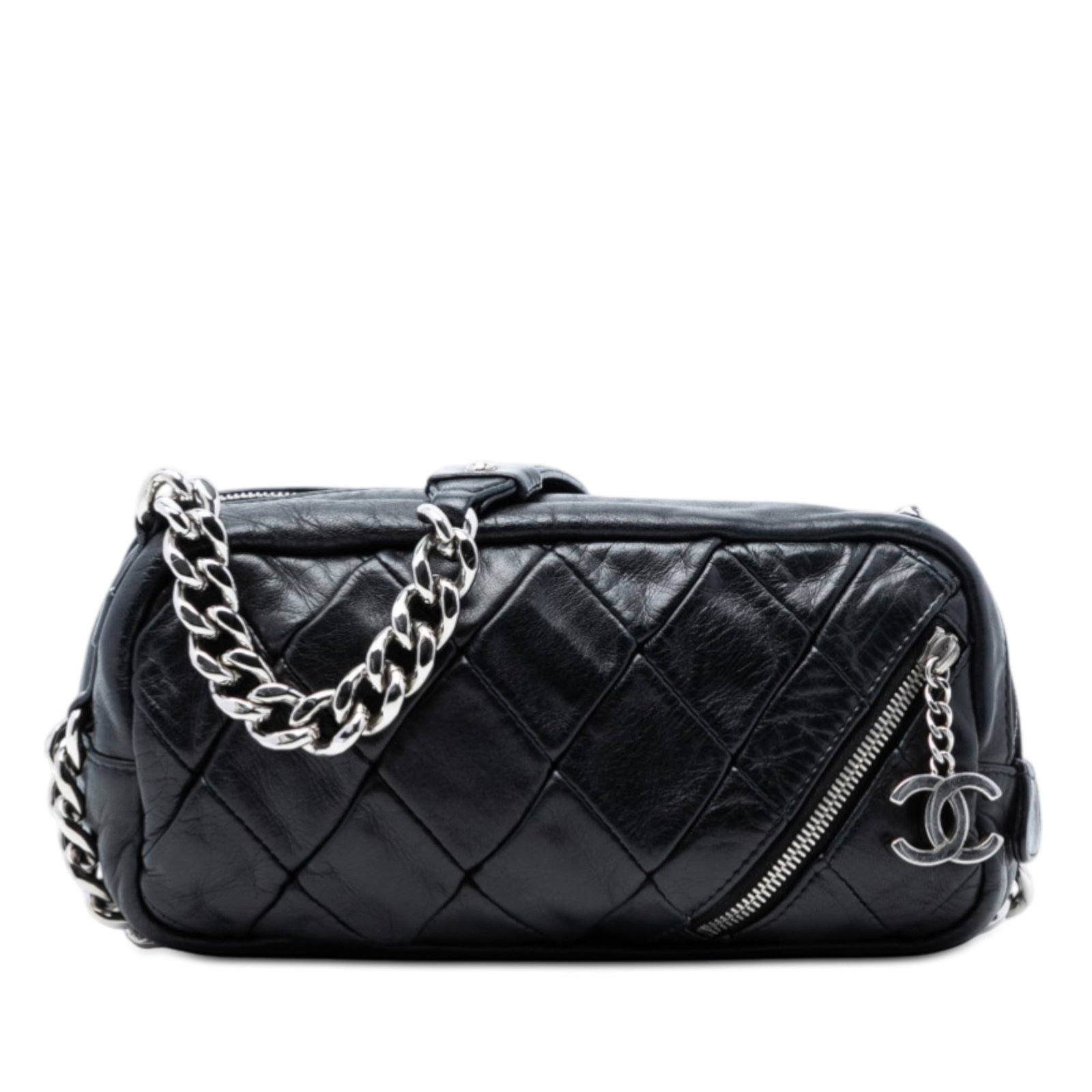 Black Lambskin Shoulder Purse with Chain Strap by Chanel: Black Lambskin Shoulder Purse with Chain Strap by Chanel This Chanel shoulder bag features a quilted lambskin leather body in black, complemented by a chain link strap with a leather guard. It include
