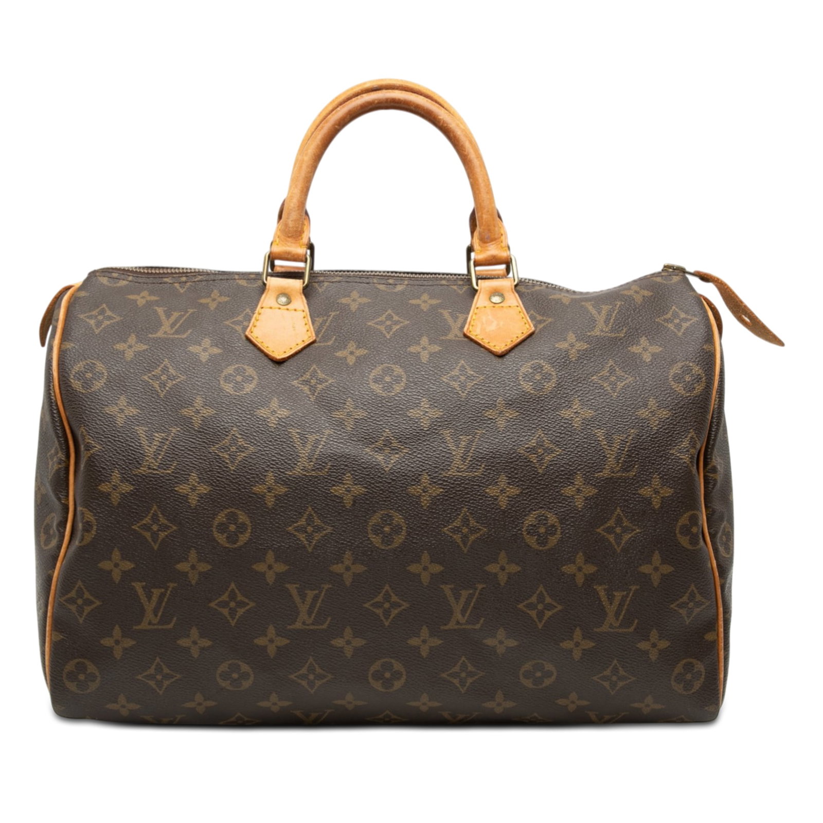 Louis Vuitton Speedy 35 Monogram Canvas Handbag with Vachetta Leather Trim: Louis Vuitton Speedy 35 Monogram Canvas Handbag with Vachetta Leather Trim This Louis Vuitton Monogram Speedy 35 features the iconic monogram canvas body with vachetta leather trim, rolled vachetta le