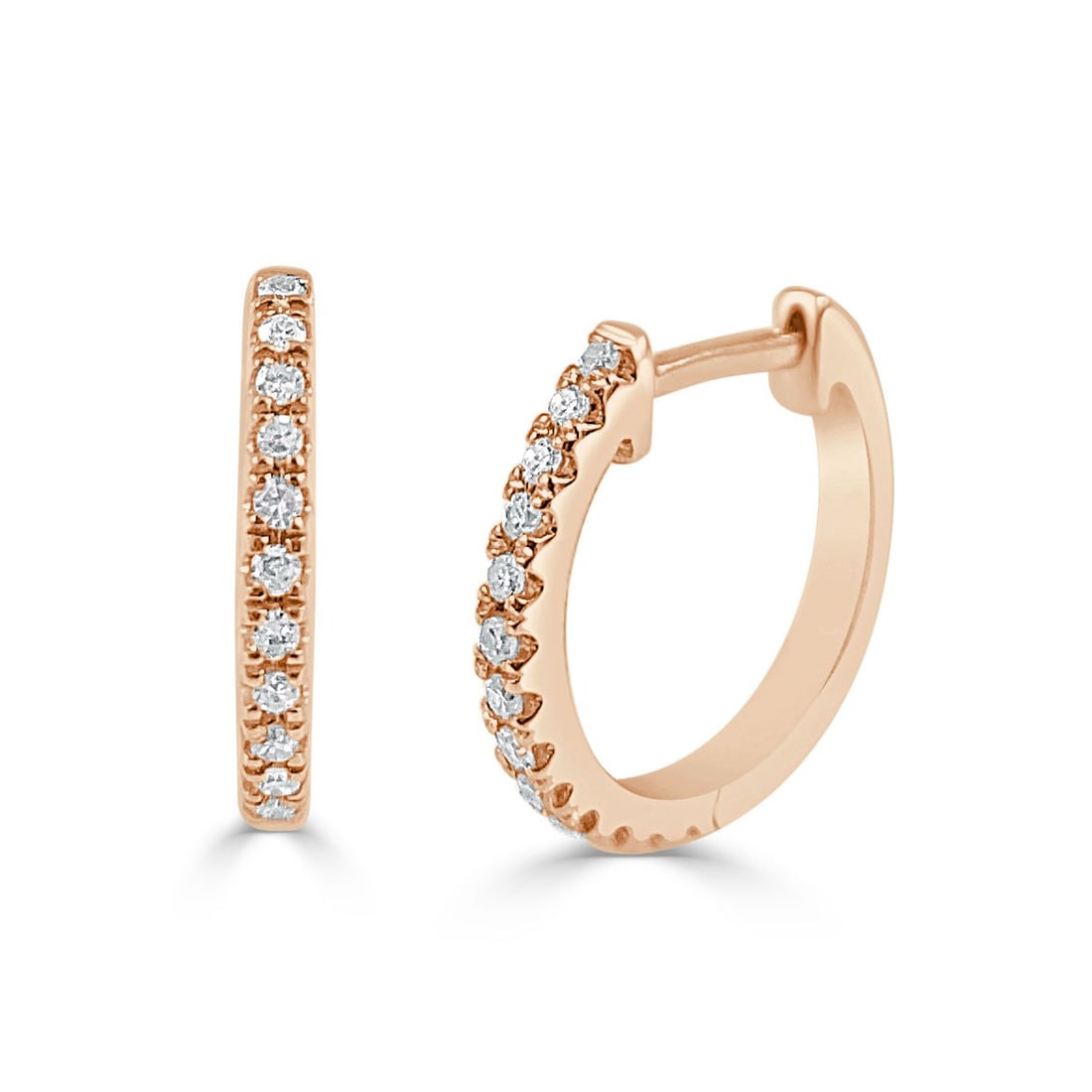 Women's 14KT Rose Gold Diamond Huggie Hoop Earrings: Women's 14KT Rose Gold Diamond Huggie Hoop Earrings These women's huggie earrings are crafted in 14k rose gold and feature a total of 26 round white diamonds with a combined carat weight of 0.09. The 