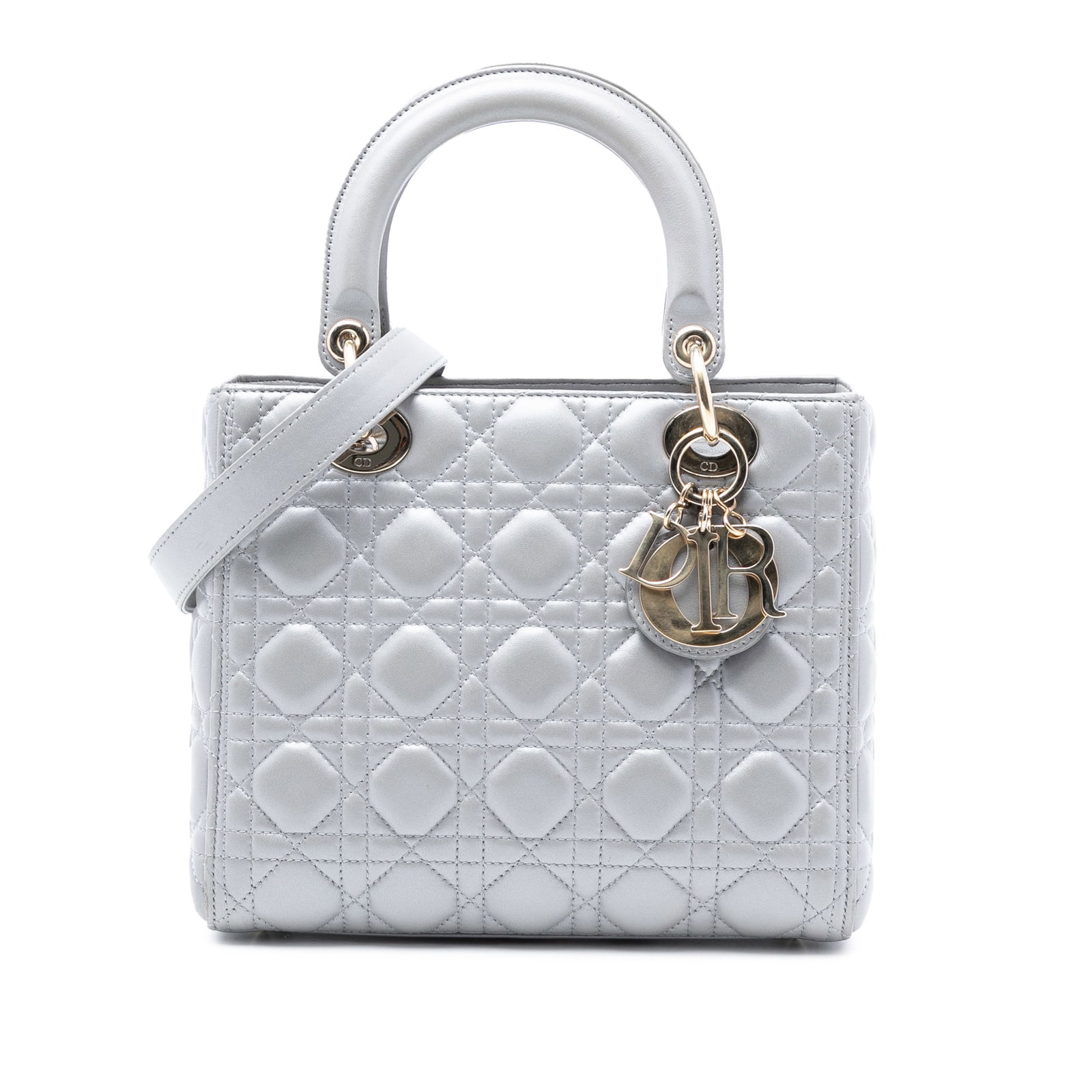 Dior Lady Dior Medium Gray Quilted Leather Bag with Detachable Strap: Dior Lady Dior Medium Gray Quilted Leather Bag with Detachable Strap This Medium Pearlescent Lambskin Cannage Lady Dior bag features a quilted leather body in gray, flat leather handles, a detachable 