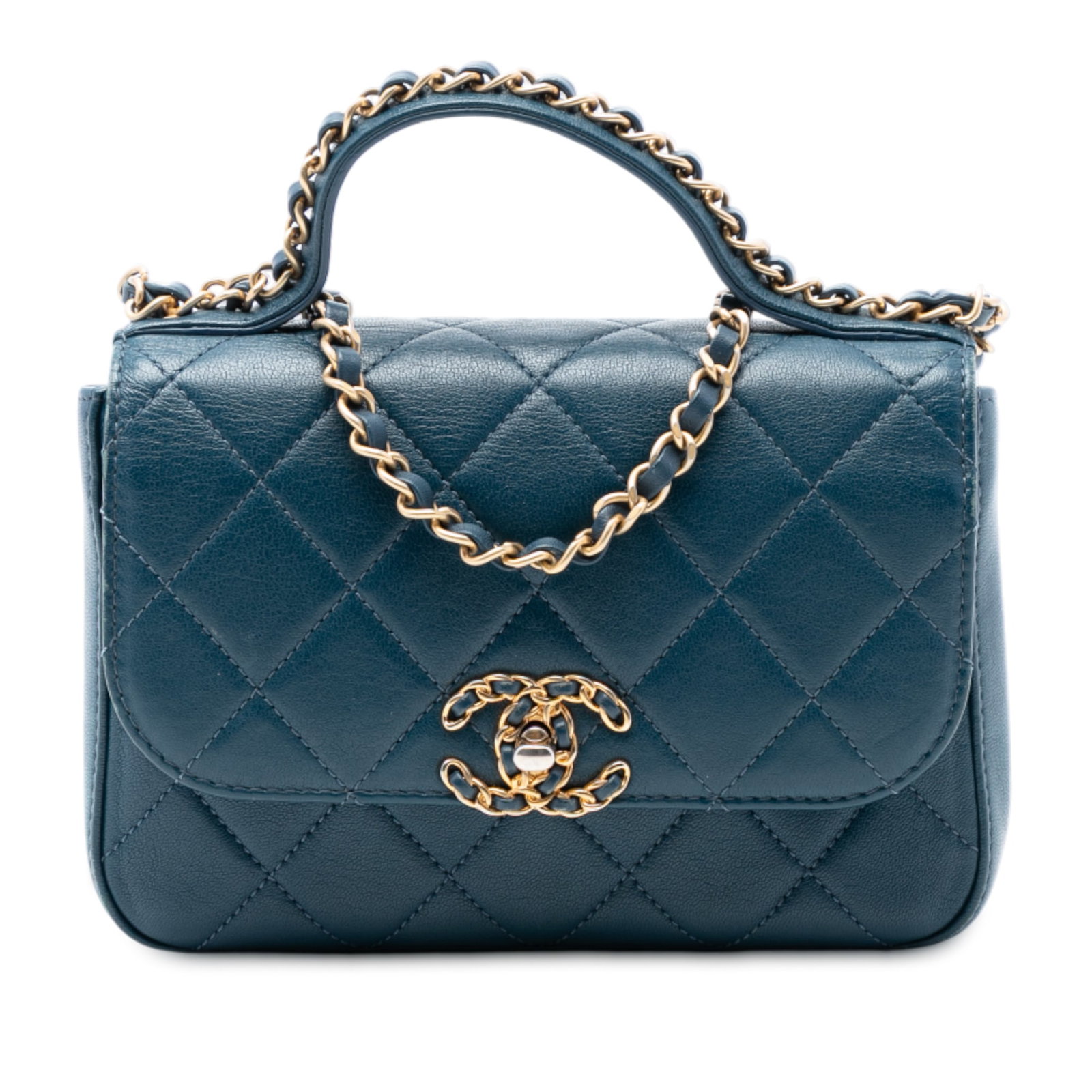 Chanel Blue Quilted Leather Infinity Chain Small Top Handle Flap Bag: Chanel Blue Quilted Leather Infinity Chain Small Top Handle Flap Bag This Chanel Small Quilted Calfskin Chain Infinity Top Handle Flap satchel features a quilted calf leather body in blue, a flat top 