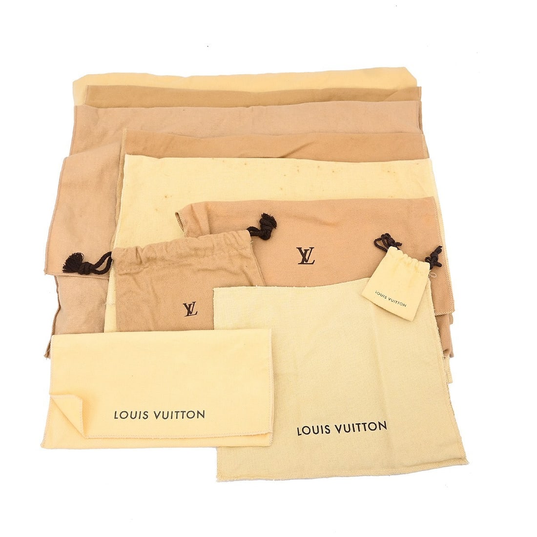 Set of 10 Cotton Brown Beige Louis Vuitton Dustbags: Set of 10 Cotton Brown Beige Louis Vuitton Dustbags This is a set of 10 Louis Vuitton dust bags, crafted from 100% cotton in brown and beige. Designed for unisex use, these dust bags offer practical p
