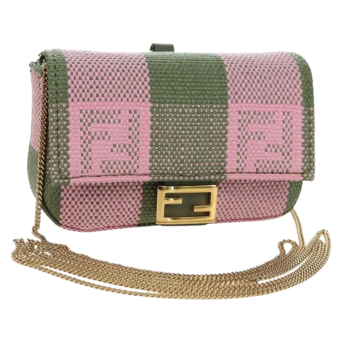 FENDI Nano Baguette canvas shoulder pouch pink khaki with box and dust bag: FENDI Nano Baguette canvas shoulder pouch pink khaki with box and dust bag This FENDI Nano Baguette shoulder pouch features a stylish pink and khaki canvas exterior and a compact design. Made in Italy