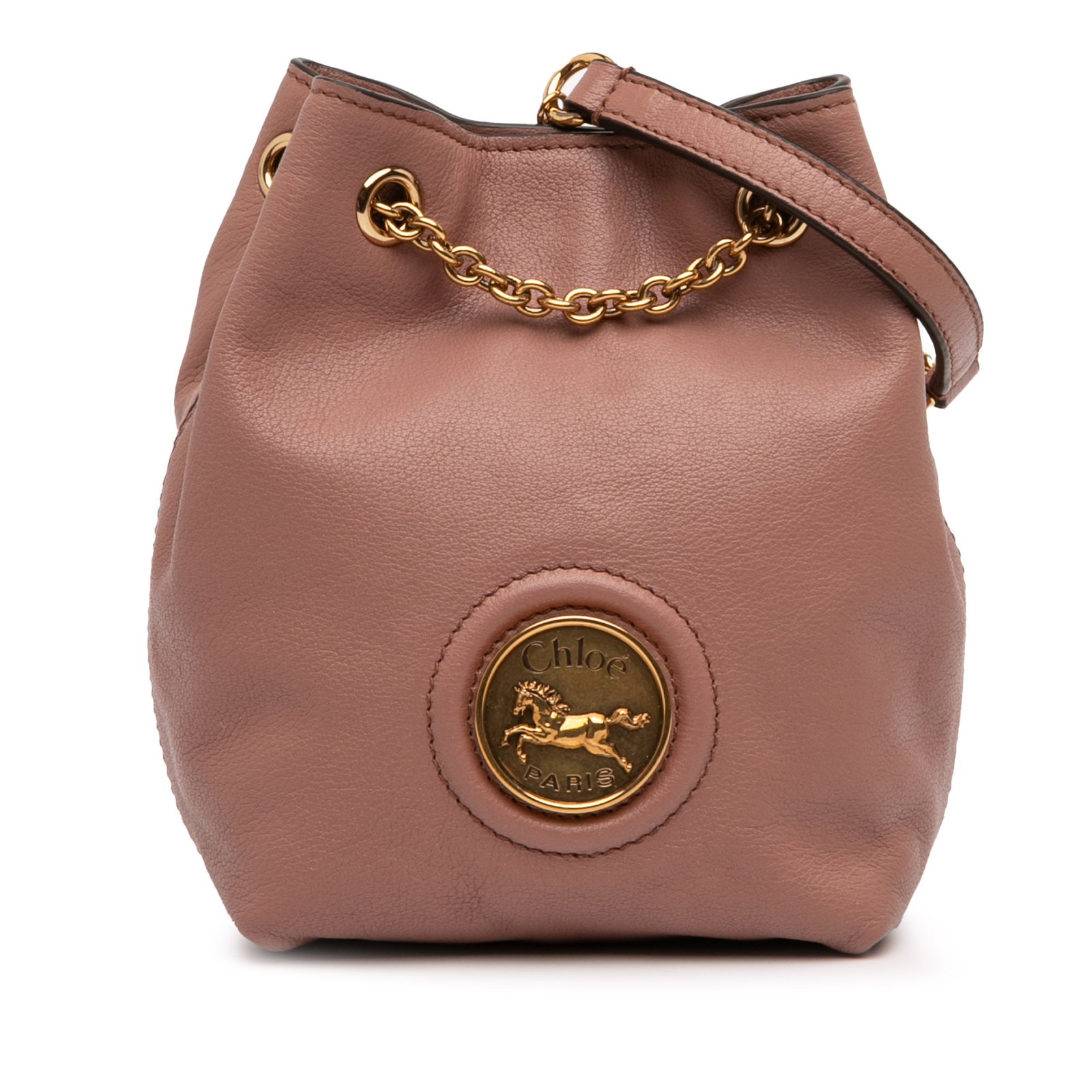 Chloe Horse Medal Mini Bucket Bag Pink Leather Chain Strap: Chloe Horse Medal Mini Bucket Bag Pink Leather Chain Strap This Chloe Mini Buffalo Leather Horse Medal Bucket Bag features a leather body in pink, a chain link strap with a leather guard, a top magnet