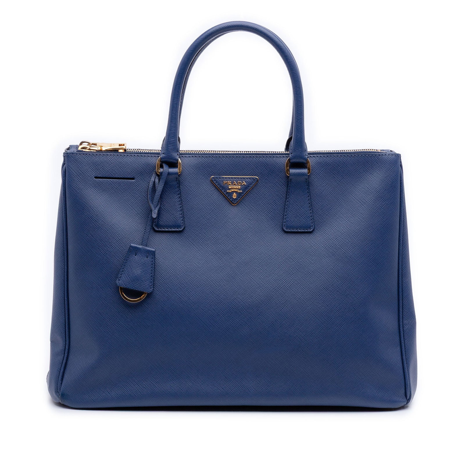 Prada Galleria Double Zip Saffiano Leather Satchel in Blue: Prada Galleria Double Zip Saffiano Leather Satchel in Blue This Prada Large Saffiano Lux Galleria Double Zip Satchel showcases a blue saffiano leather body with rolled handles, an open top, dual zip c