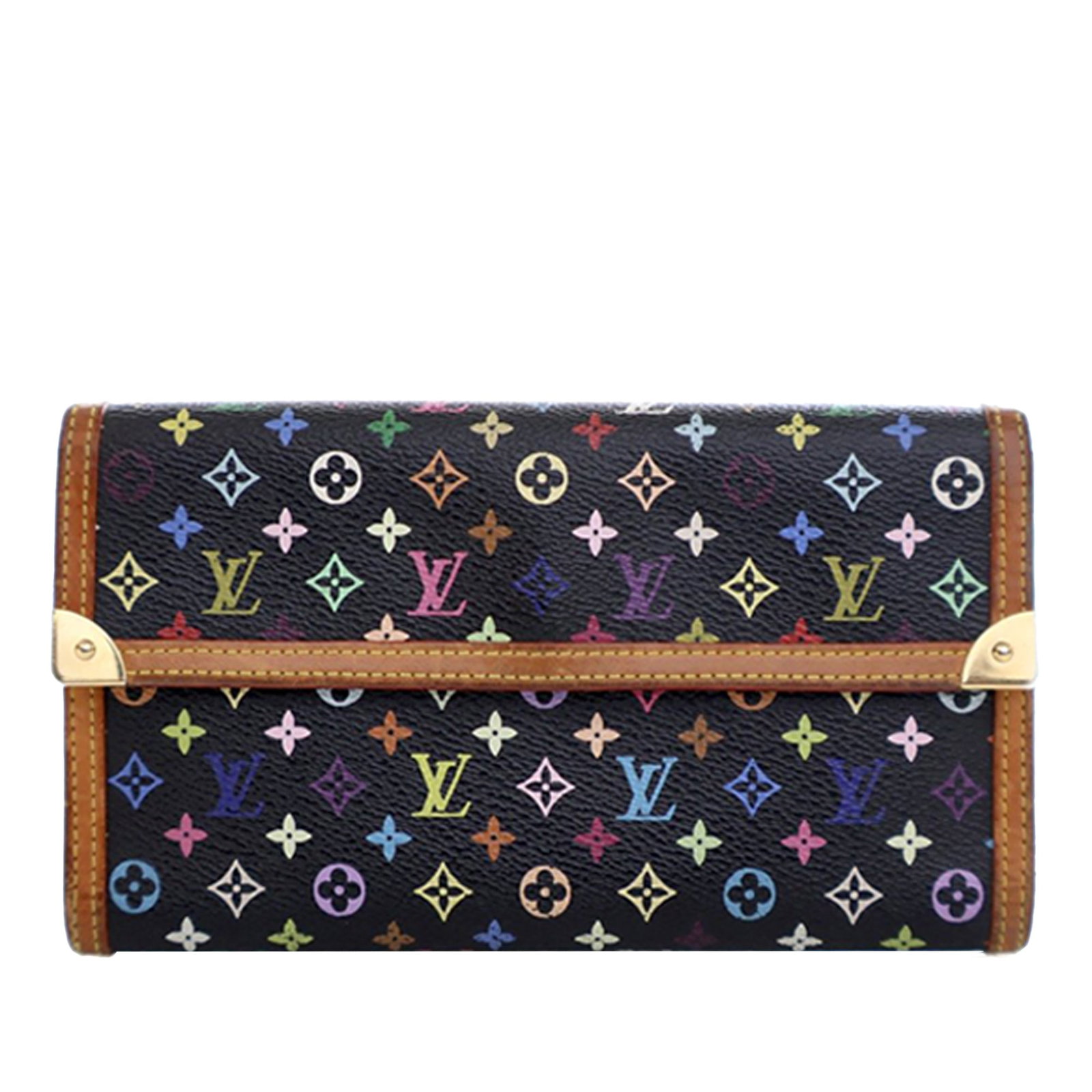 Louis Vuitton Multicolor Canvas Long Wallet with Vachetta Leather Trim: Louis Vuitton Multicolor Canvas Long Wallet with Vachetta Leather Trim This Louis Vuitton Monogram Multicolor Porte Tresor International Wallet features a long silhouette crafted from monogram multico