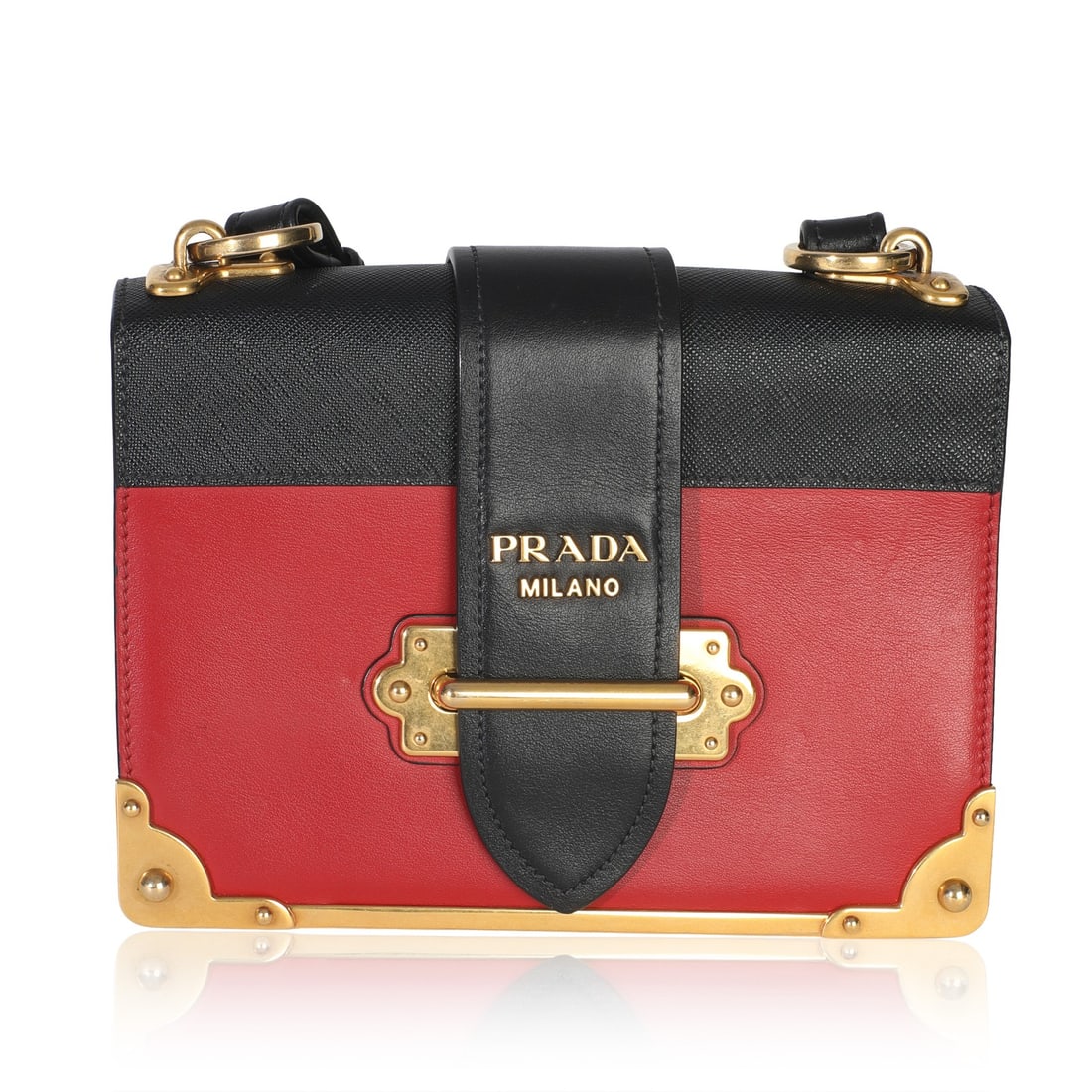 Prada Cahier Red and Black Leather Shoulder Bag with Authenticity Card: Prada Cahier Red and Black Leather Shoulder Bag with Authenticity Card This Prada Cahier Bag features a striking red and black city calfskin Saffiano leather exterior with gold-tone hardware. Designed