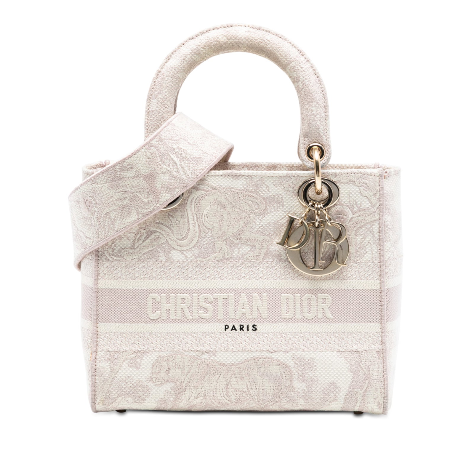 Medium Lady D Lite Embroidered Canvas Pink Tote Bag by Dior: Medium Lady D Lite Embroidered Canvas Pink Tote Bag by Dior This Dior Medium Lady D-Lite bag features an embroidered canvas body with flat embroidered canvas handles and a detachable strap. The bag is