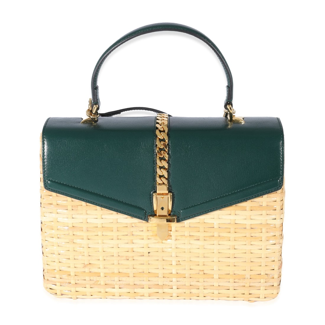 Green Leather and Straw Sylvie Wicker Small Top Handle Bag with Removable Strap: Green Leather and Straw Sylvie Wicker Small Top Handle Bag with Removable Strap This Gucci Small Sylvie Wicker Top Handle Bag features a combination of green leather and straw or raffia, offering both