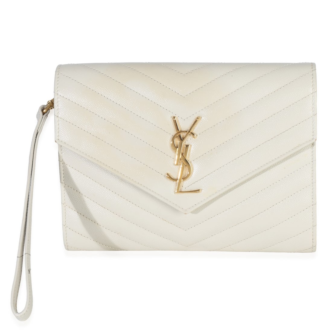 Saint Laurent Grain De Poudre Triquilt Leather Clutch in Cream: Saint Laurent Grain De Poudre Triquilt Leather Clutch in Cream This Saint Laurent Grain De Poudre Triquilt Monogram Clutch features a soft grain leather exterior in a neutral white color. The clutch i