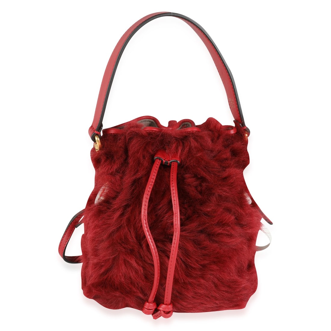 Fendi Mini Mon Tresor Red Lamb Fur Calfskin Bucket Bag: Fendi Mini Mon Tresor Red Lamb Fur Calfskin Bucket Bag Introducing the Fendi Red Lamb Fur & Calfskin Leather Mini Mon Tresor Bucket Bag, a luxurious accessory that combines style and functionality. Th