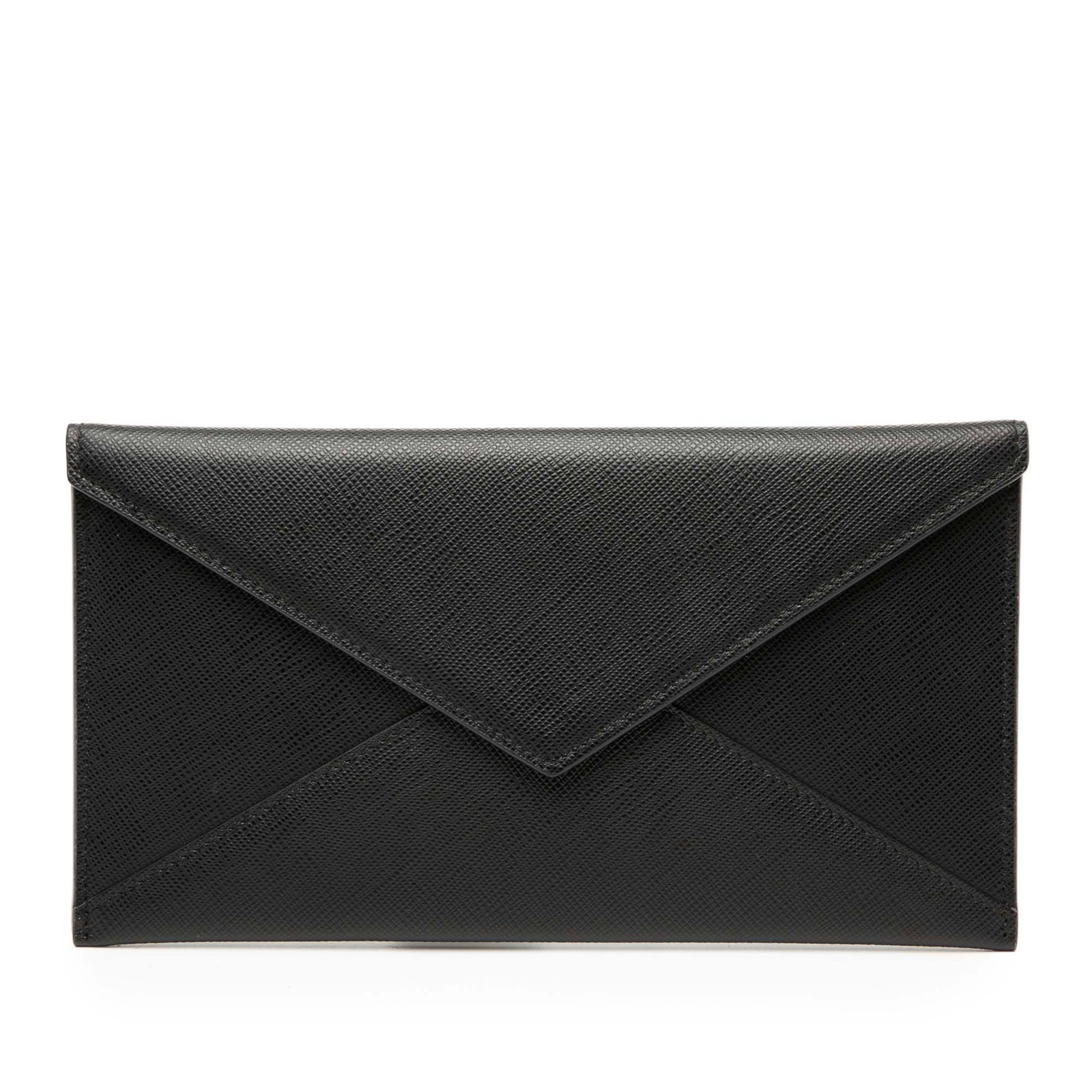 Black Prada Saffiano Leather Envelope Clutch with Snap Closure: Black Prada Saffiano Leather Envelope Clutch with Snap Closure This Prada Saffiano Envelope Pouch is crafted from black saffiano leather and features a front flap with a snap button closure. The pouch
