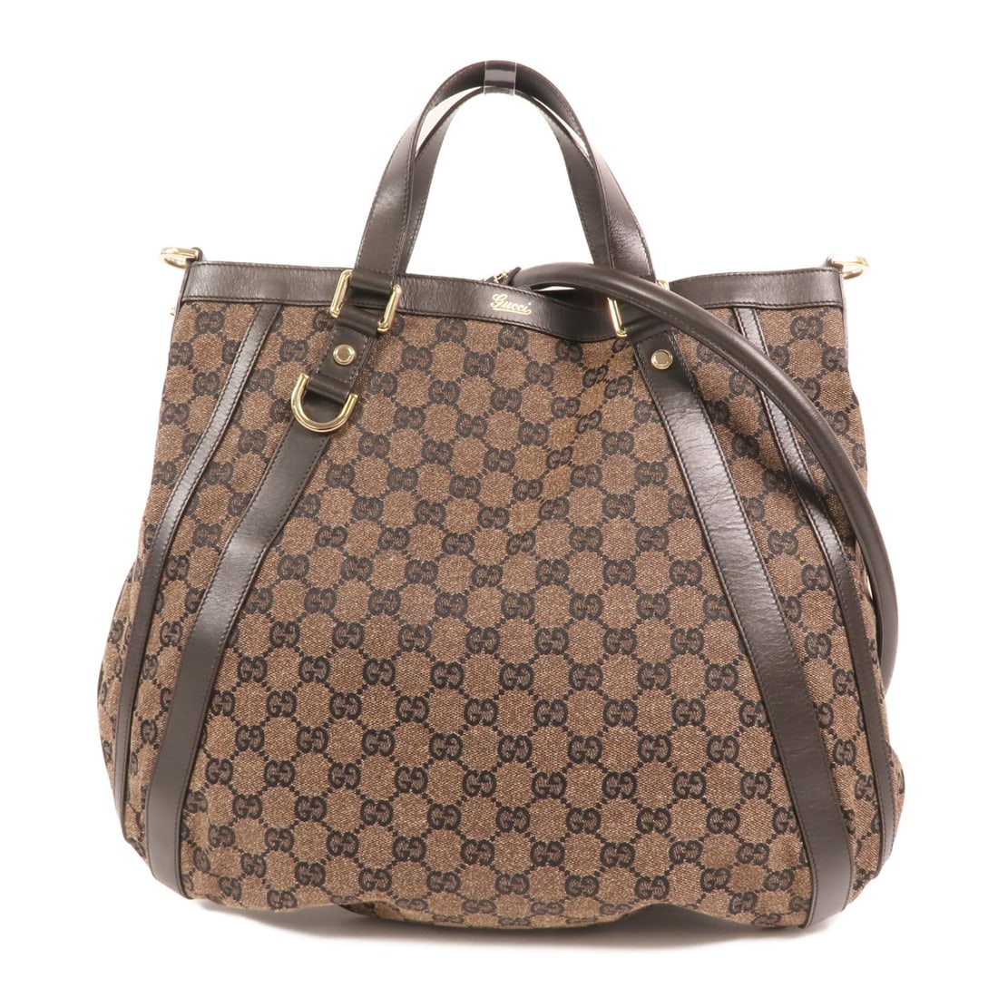 Brown GG Canvas 2 Way Shoulder Bag by Gucci with Gold Hardware: Brown GG Canvas 2 Way Shoulder Bag by Gucci with Gold Hardware This Gucci 2-way shoulder bag features the signature GG canvas in brown with gold hardware accents. Designed for versatility, it can be c
