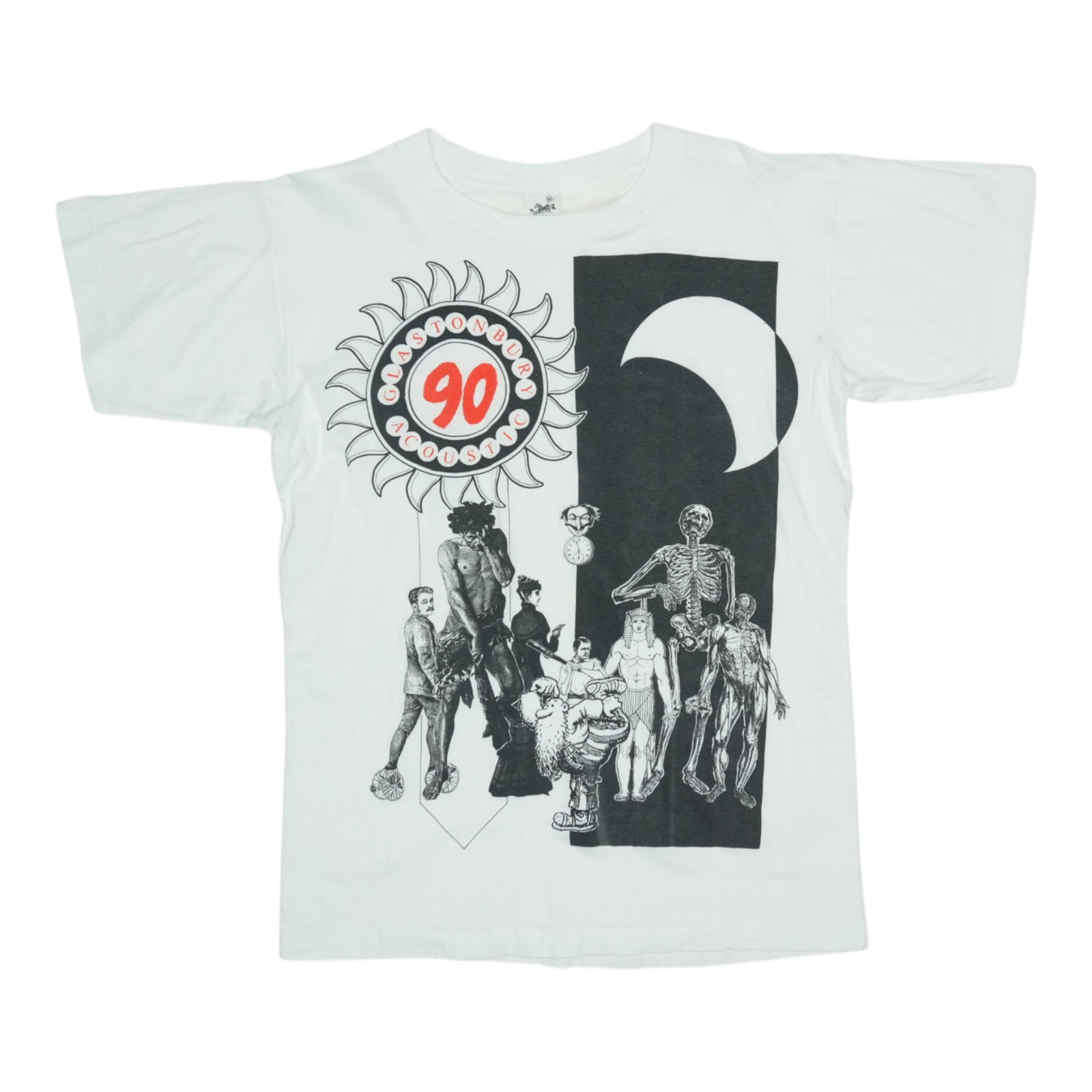 Vintage 1990 Glastonbury Festival White Cotton T-Shirt Medium: Vintage 1990 Glastonbury Festival White Cotton T-Shirt Medium This is an original vintage 1990 Glastonbury Music Festival shirt, not a modern reproduction. The shirt features no back graphics and is m