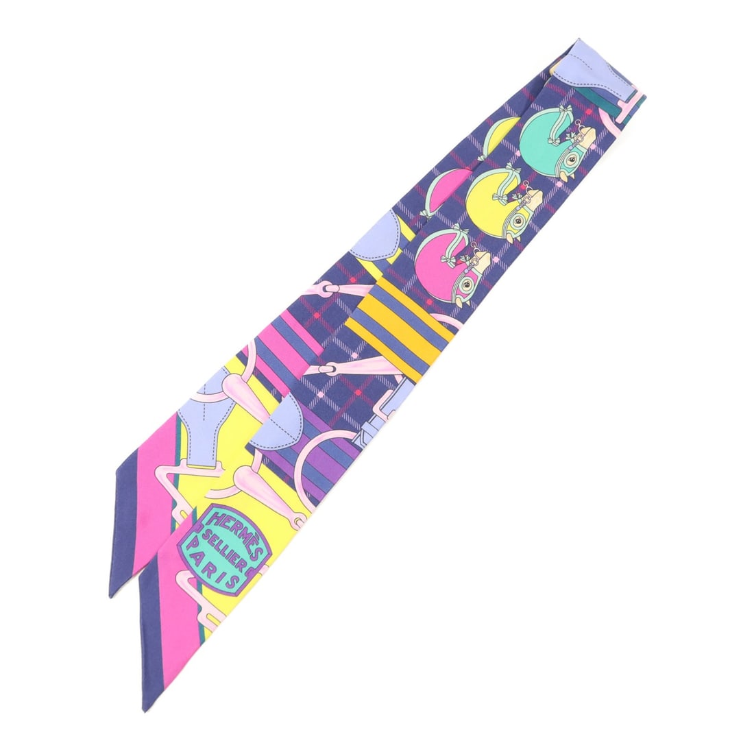 Hermes Silk Twilly Multicolor Women's Scarf: Hermes Silk Twilly Multicolor Women's Scarf This Hermes Twilly scarf is crafted from luxurious silk and features a vibrant multicolor design. Made in France, it is designed for women and offers a vers