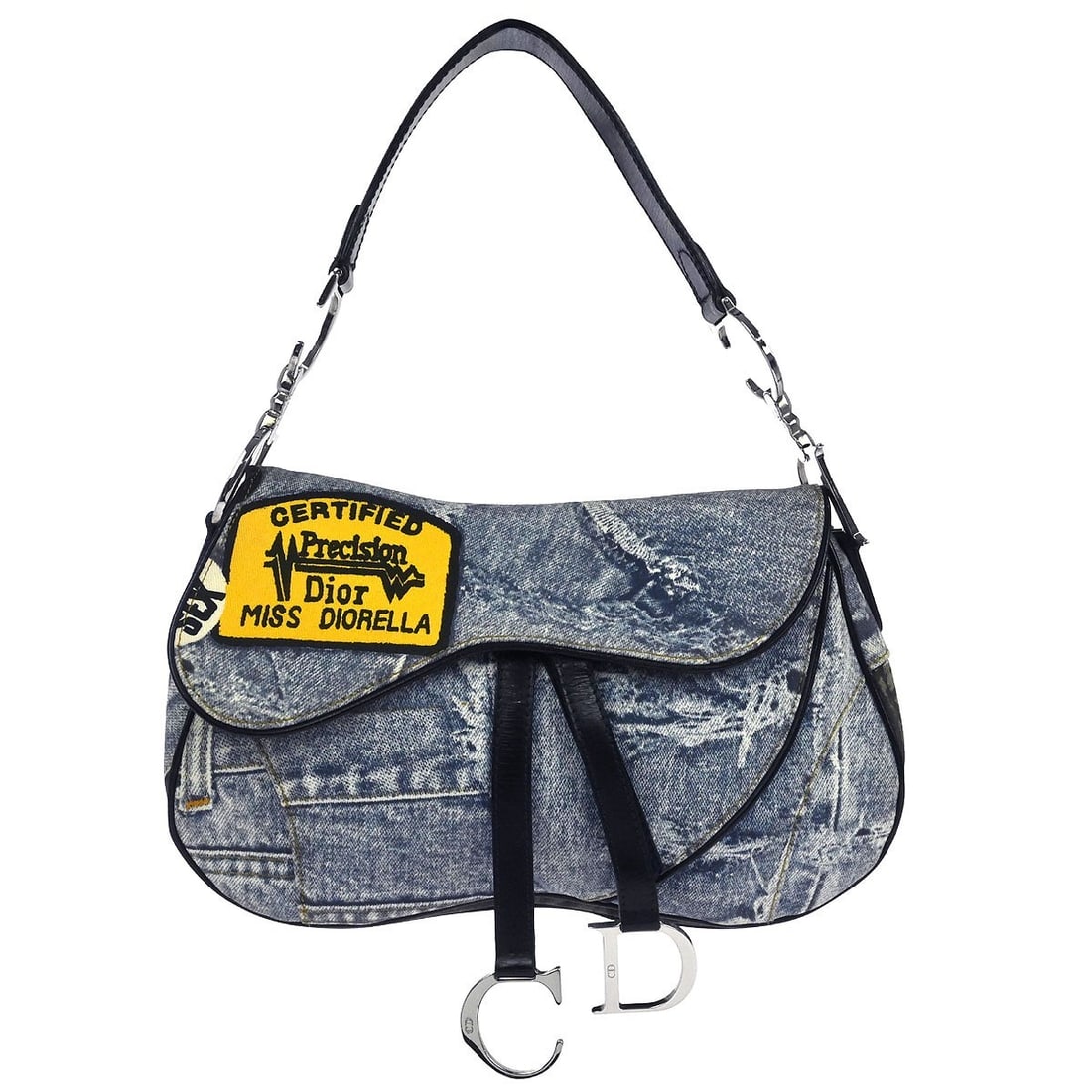 Dior Saddle Medium Shoulder Bag Blue Canvas Denim Print RU1010: Dior Saddle Medium Shoulder Bag Blue Canvas Denim Print RU1010 This Christian Dior double saddle handbag features a blue canvas denim print with leather accents. The medium-sized bag has a shoulder st