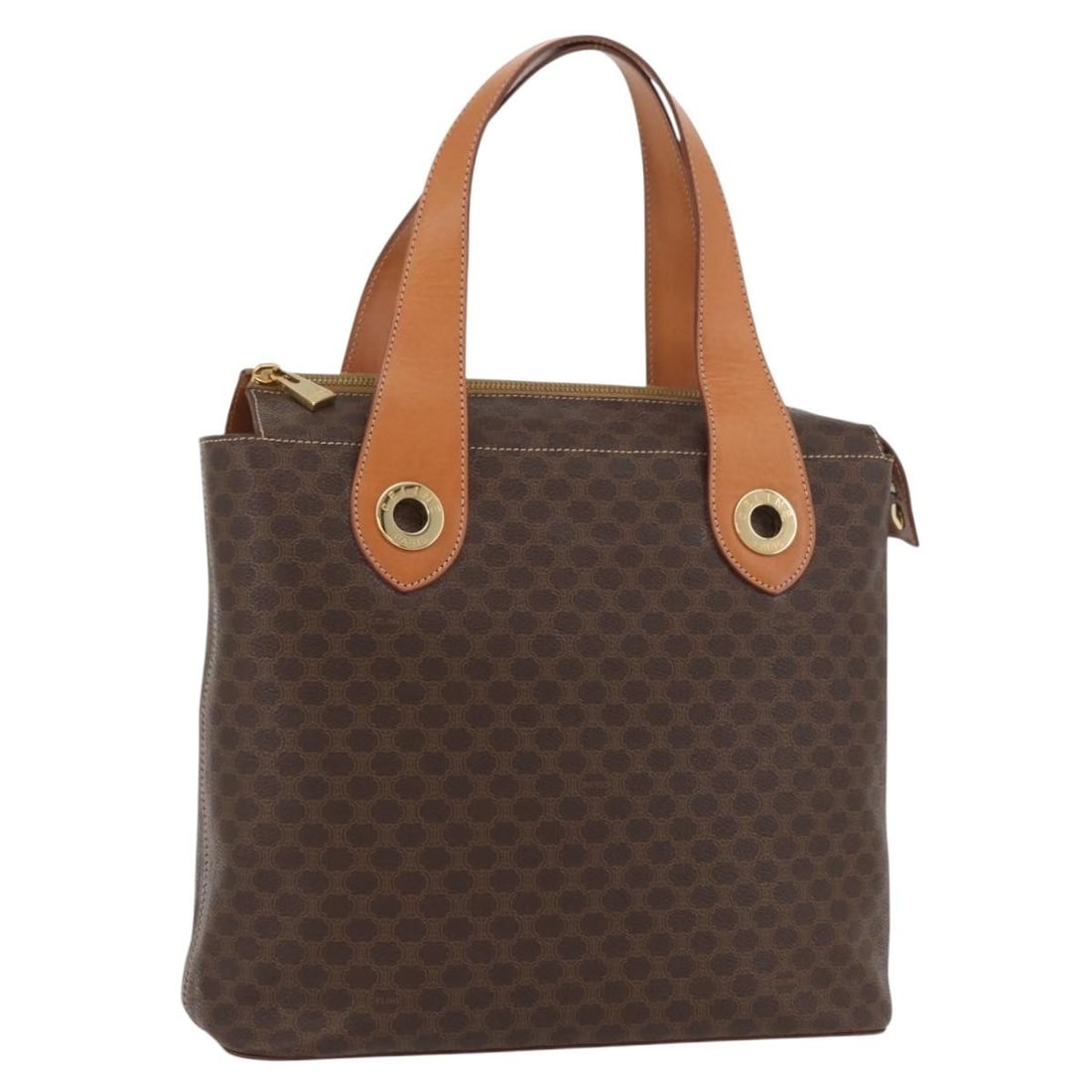 Celine Macadam Brown PVC Leather Tote Bag Gold Accents Italy: Celine Macadam Brown PVC Leather Tote Bag Gold Accents Italy This Celine Macadam tote bag is crafted from brown and gold PVC leather with the signature Macadam canvas pattern. Designed for women, it f