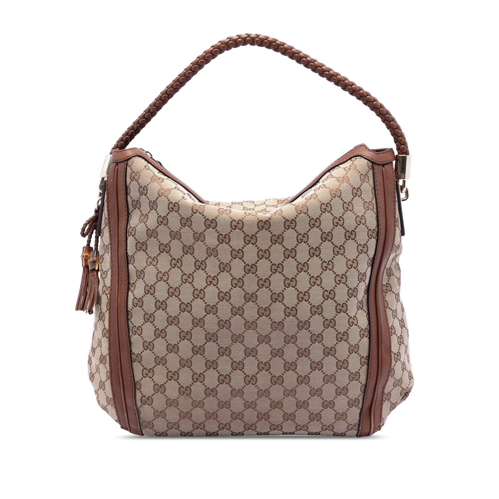 Gucci Bella Tote Bag in Large GG Canvas with Leather Trim: Gucci Bella Tote Bag in Large GG Canvas with Leather Trim This Gucci Large GG Canvas Bella Tote features a beige canvas body with leather trim, a braided leather strap, a top zip closure, and interior