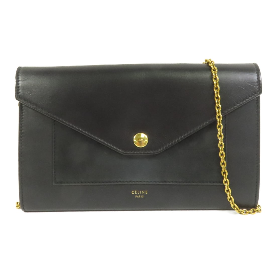 CELINE black calfskin chain wallet shoulder bag GHW: CELINE black calfskin chain wallet shoulder bag GHW This CELINE wallet on chain shoulder bag is crafted from black calfskin leather, offering a sophisticated and versatile accessory. Designed for wome